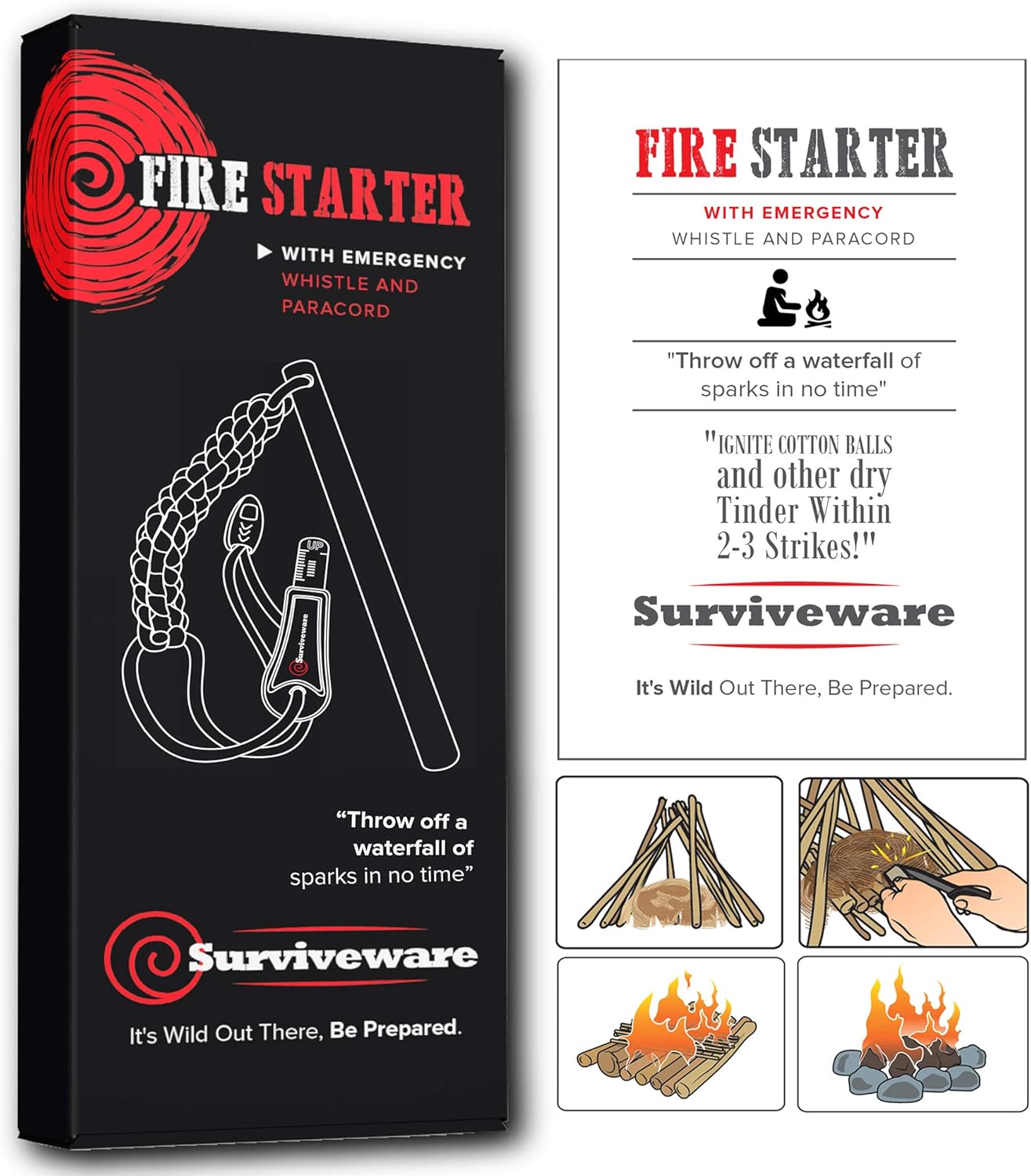 Surviveware Survival Fire Starter with Emergency Whistle, Paracord Handle, and Steel Serrated Scraper : Sports & Outdoors