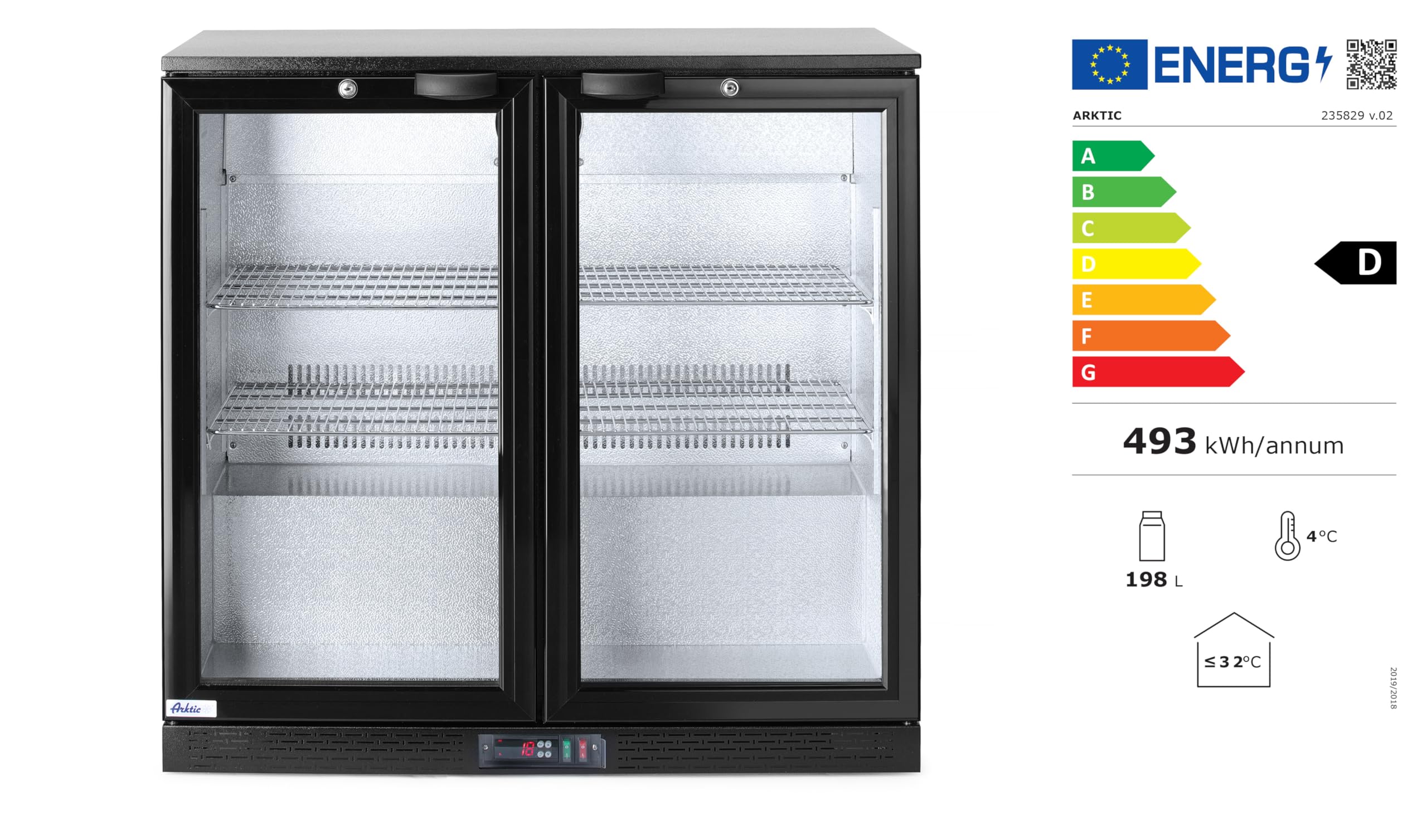 HENDI Refrigerador bajo mostrador para bebidas Arktic, 2 puertas, 158L, 0–10°C, 220V, 160W, 900x530x(H) 870mm, acero con recubrimiento en polvo negro
