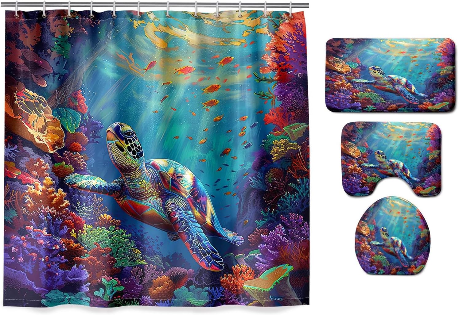 4 Pcs Ocean Themed Shower Curtain - Sea Turtle Shower Curtain Set Ocean Shower Curtain for Bathroom Sea Turtle Shower Curtain Set with Rug,Toilet Cover and Bath Mat with 12 Hooks
