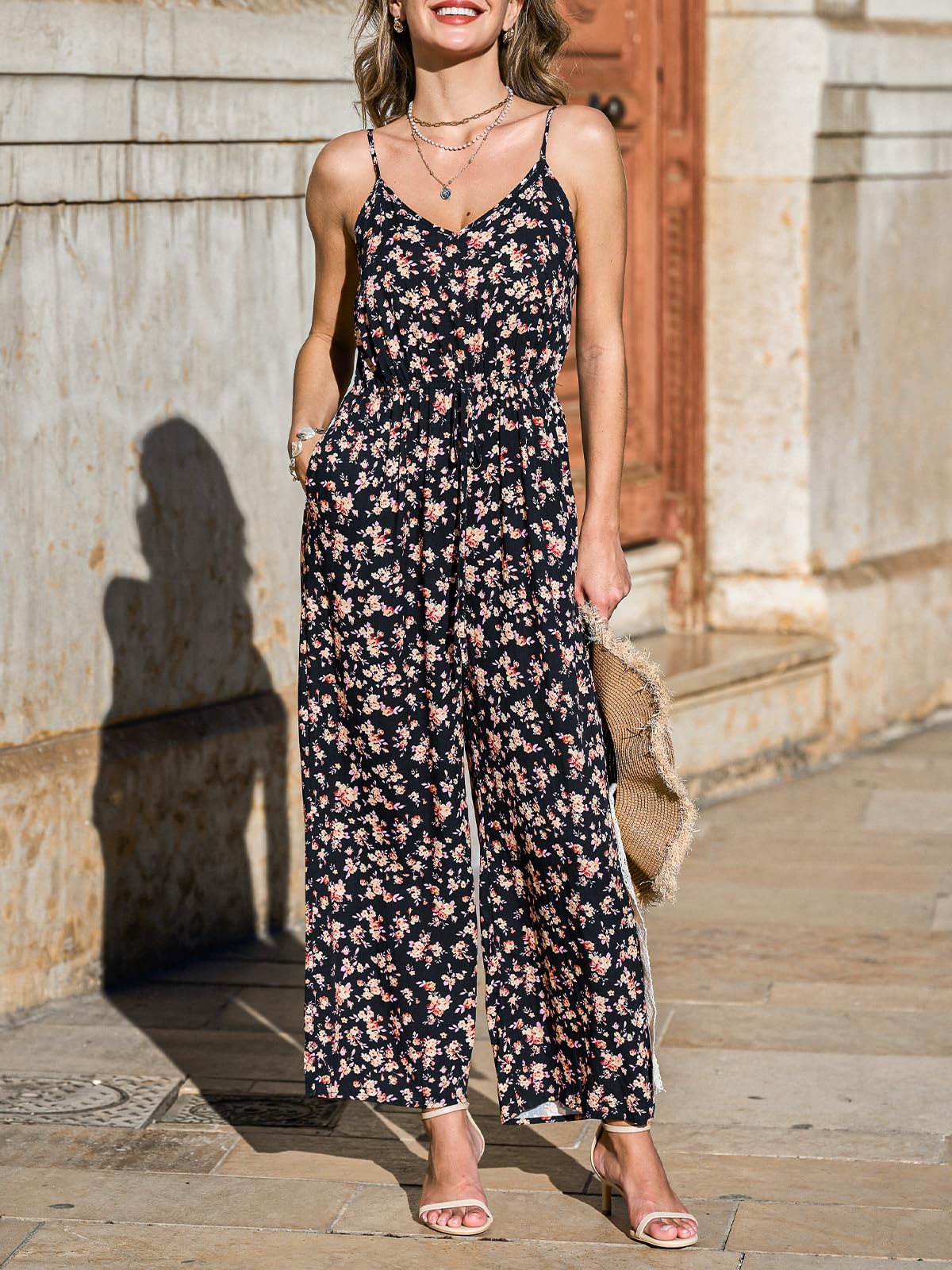 CUPSHE Combinaison d'été pour femme - Motif floral - Bretelles spaghetti - Sans manches - Jambes larges - Ceinture enveloppante - Élégante combinaison de loisirs