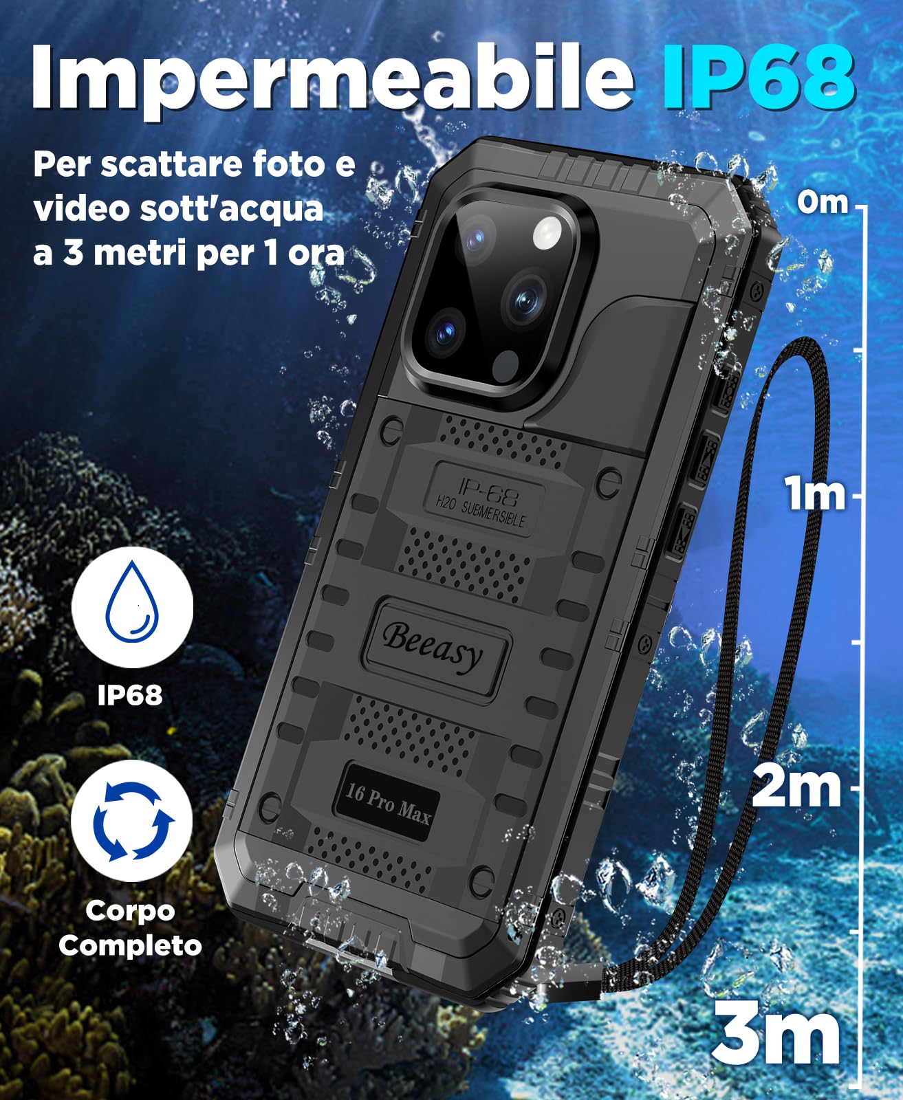 Beeasy Cover per iPhone 16 Pro Max IP68 Impermeabile,360 Antiurto Militare Rugged Armor,Resistente Indistruttibile Metallo Custodia,Subacquea Protezione Case per iPhone 16 Pro Max,Nero