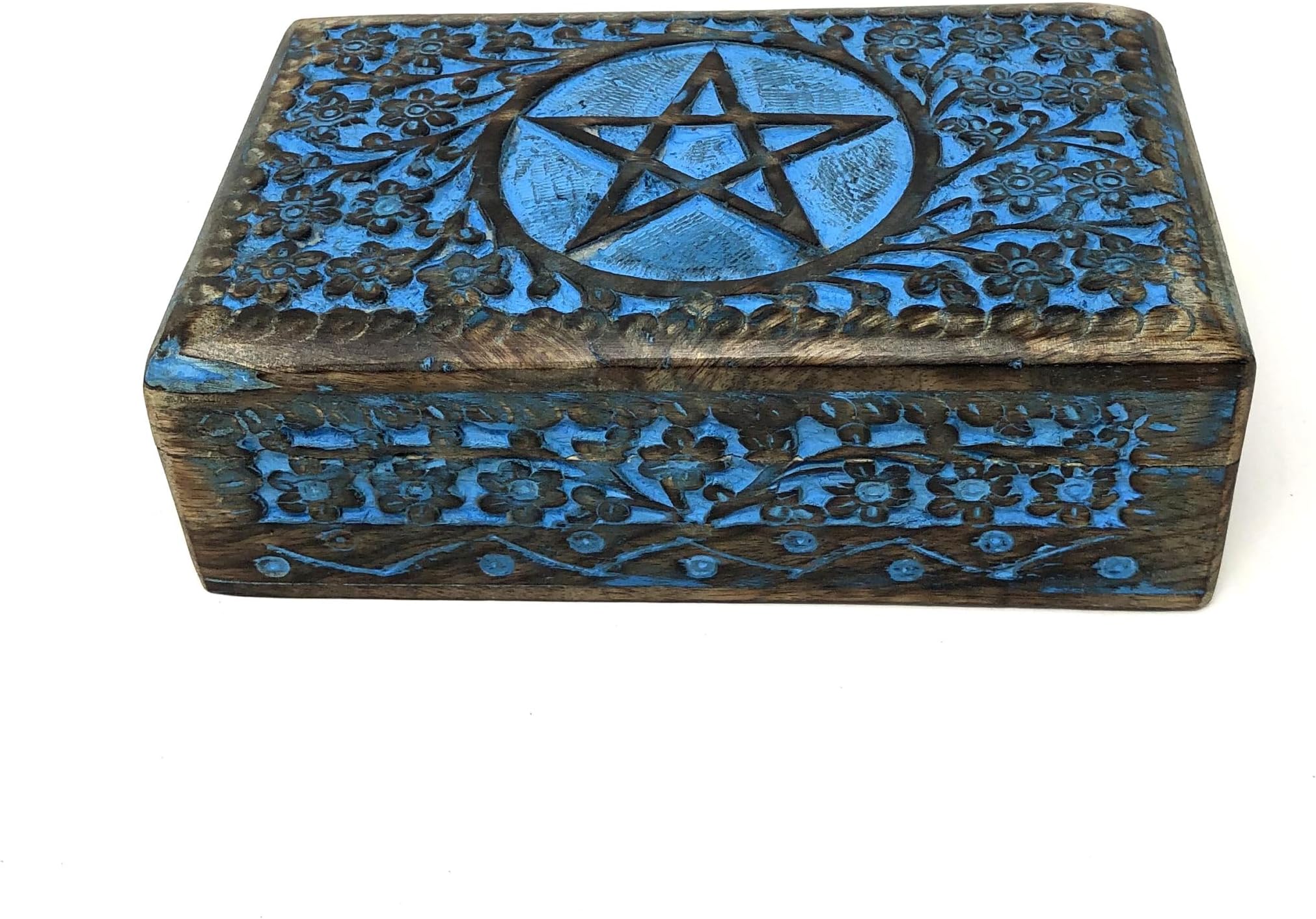 Wooden Tarot Box in Antique finish with Pentacle and rustic blue color, for tarot, crystals, jewellery and altar 5x8 inches