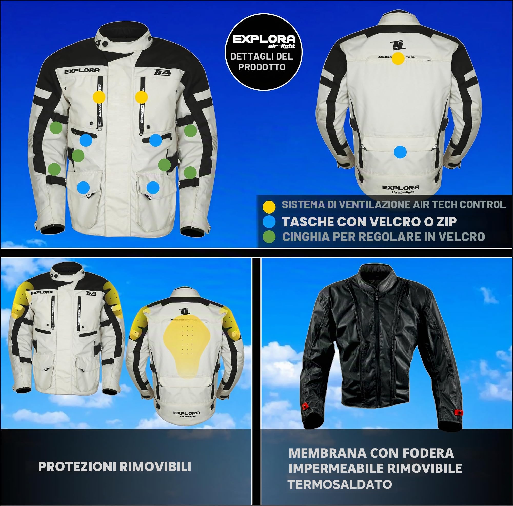 TLA EXPLORA LIGHT Giacca moto con protezioni omologata CE classe A, fodera impermeabile rimovibile, taglie sino 7XL uomo, donna, Giubbotto moto Enduro mezza stagione, estiva