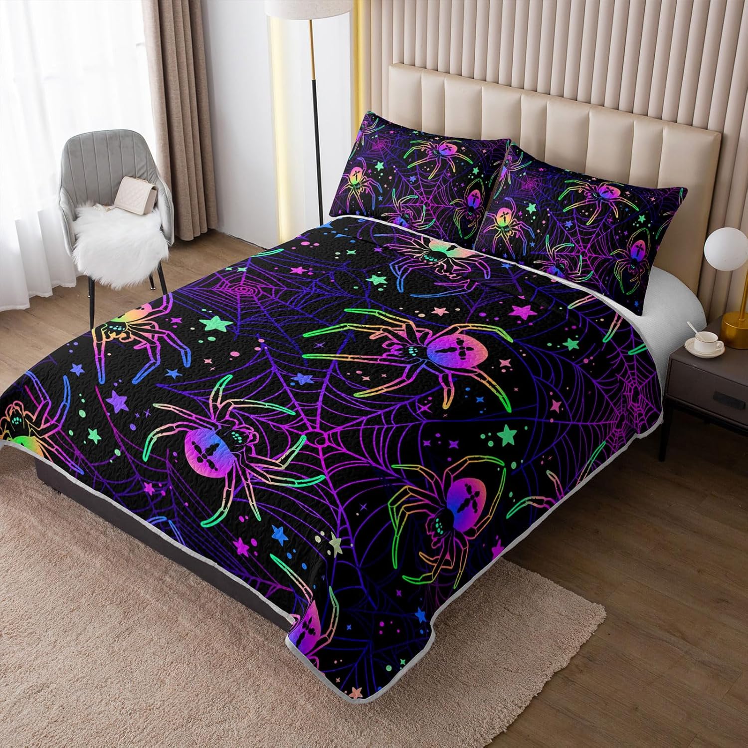 Axolotl Purple Spider Quilt Set Queen,Glitter Stars Galaxy Bedspread Set,3 Pieces Cartoon Spider Bed Coverlet for Boys Kids Teens,Soft Lightweight Bed Summer Quilt,3 Piece(1 Quilt,2 Pillow Shams)