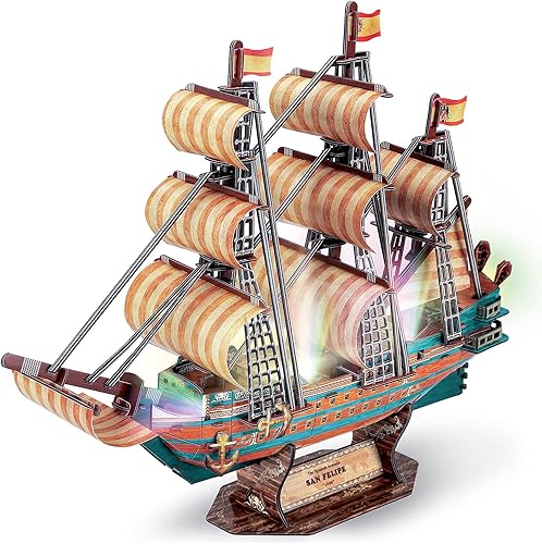 HUOQB LED The Spanish Armada Ship Rompecabezas 3D de estilo vintage moderno, kit de modelo de vela, juguete de montaje de bricolaje, kit de modelo