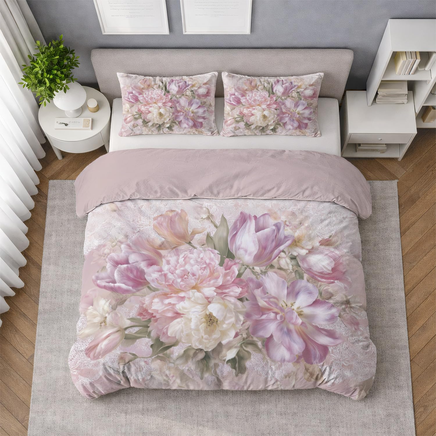 3-częściowy zestaw poszewek na kołdrę z motywem królowej dla dzieci i dorosłych – bukiet piwonii w stylu vintage, romantyczny, ultramiękki, ciepły i wygodny, różowy, z zamkiem błyskawicznym 230 x 230