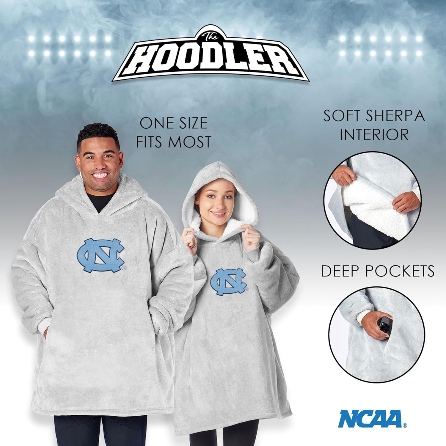 Northwest NCAA North Carolina Tar Heels Hoodler Oversized Sherpa Pullover, Embroidered Logo,Plush Wearable Blanket Sweatshirt, Soft Fleece with Front Pocket, One Size Fits Most