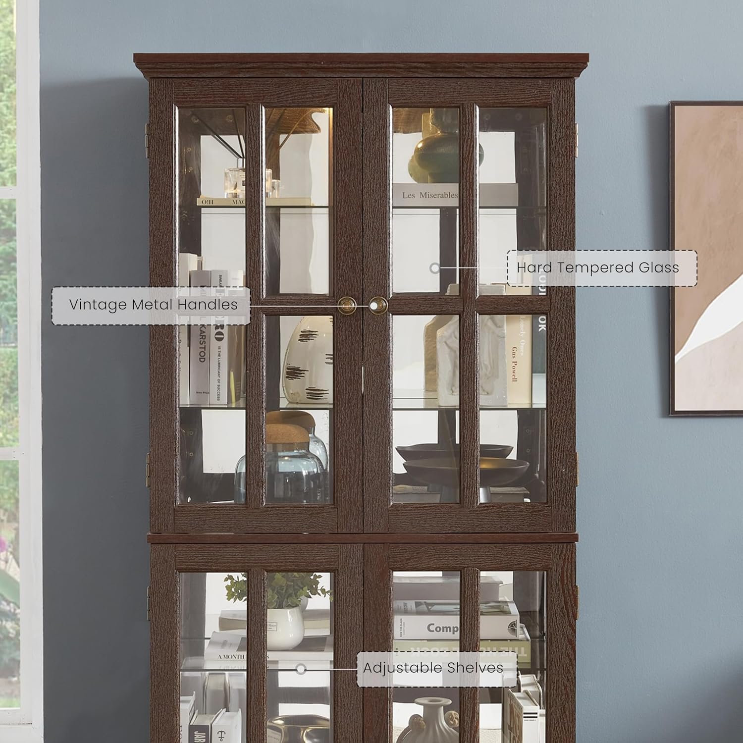 69" Lighted Display Cabinet with 4 Glass Doors, Tall Elegant Bookcase with Adjustable Shelves, Light Bulb Included, Wooden Storage Organizer Cabinet for Collectibles, Living Room (Cherry)
