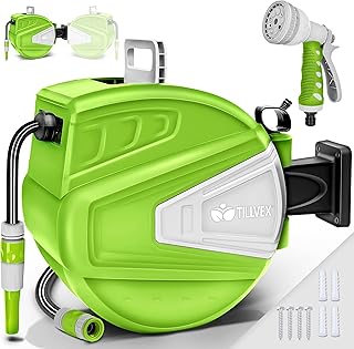 tillvex Schlauchtrommel Wasser 30+2m mit Wandhalterung + Tragegriff | Schlauchaufroller mit Handbrause und Gartenschlauch | 180° Schwenkbar | Wand-Schlauchbox mit Aufroll-Automatik | Grün