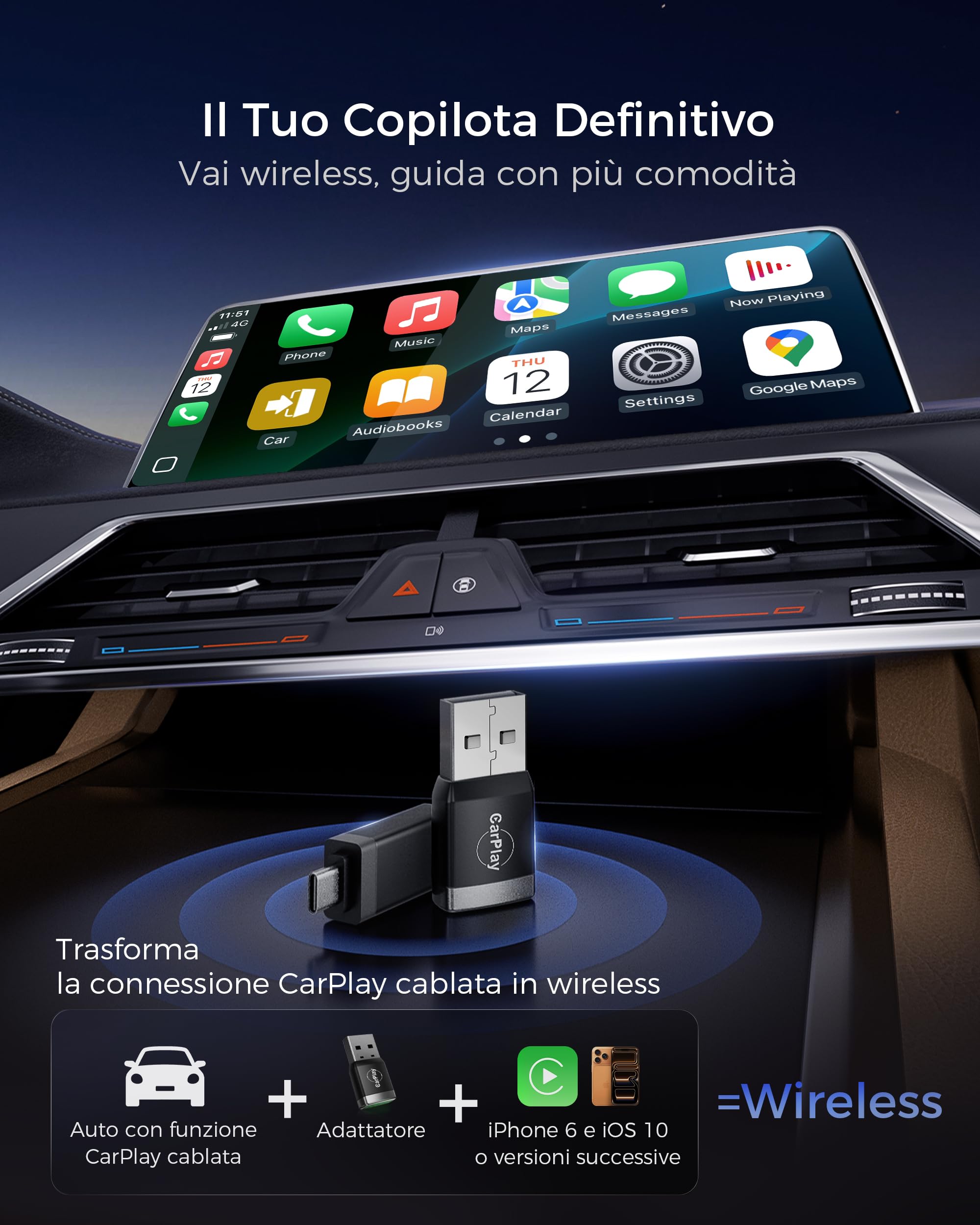【2026 Aggiornata】Mini Adattatore CarPlay Wireless, Bluetooth V5.3 Connessione Stabile, Wi-Fi 6 a Doppia Banda ad Alta Velocità, USB C/A, Chiavetta CarPlay per Apple iPhone iOS 10+