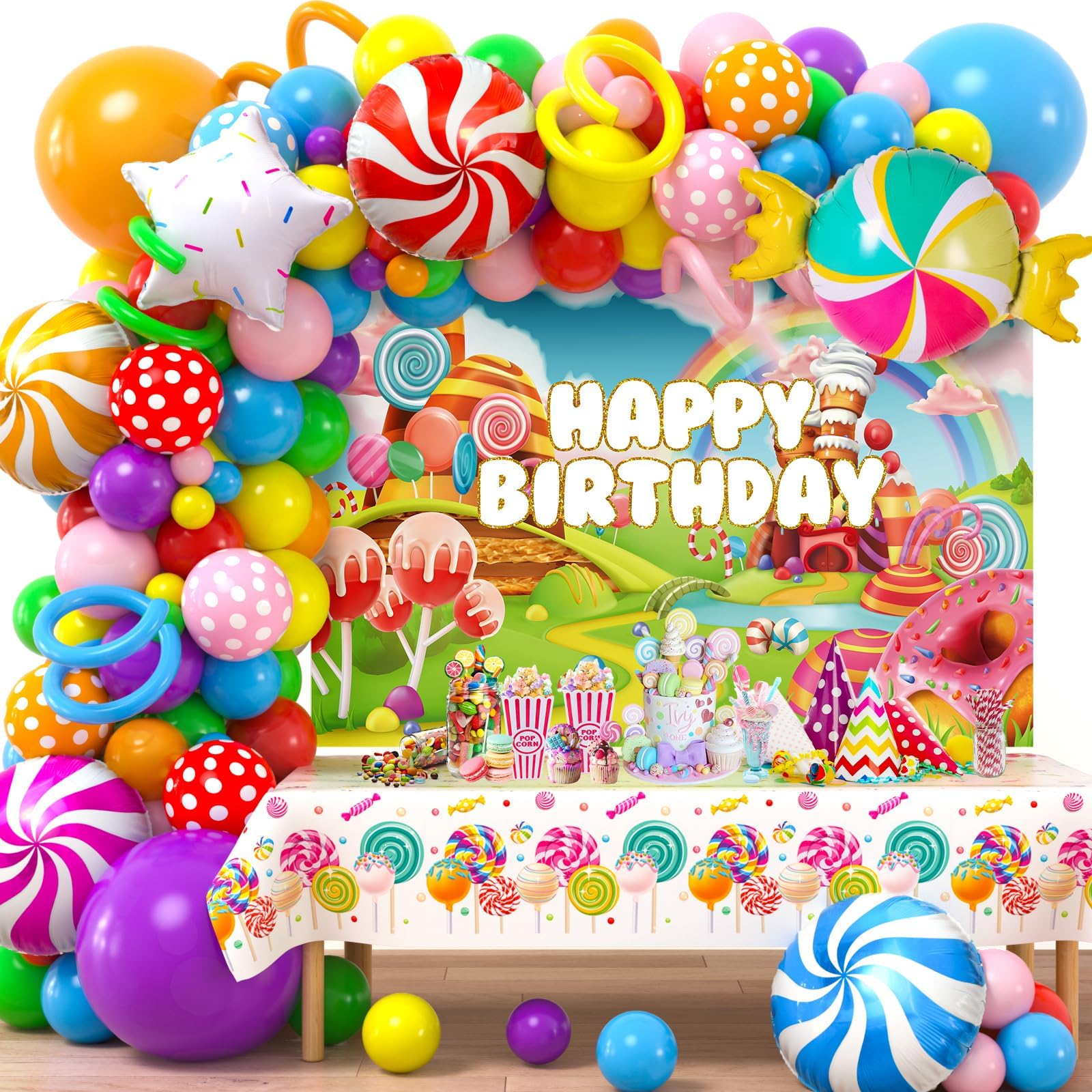 Winrayk 134Pcs Candyland Party Decorations Birthday Supplies Candyland Balloon Arch Backdrop Tablecloth Star Lollipop Foil Balloons Girl Boy Kid Christmas Sweet Candy Themed Birthday Party Decorations