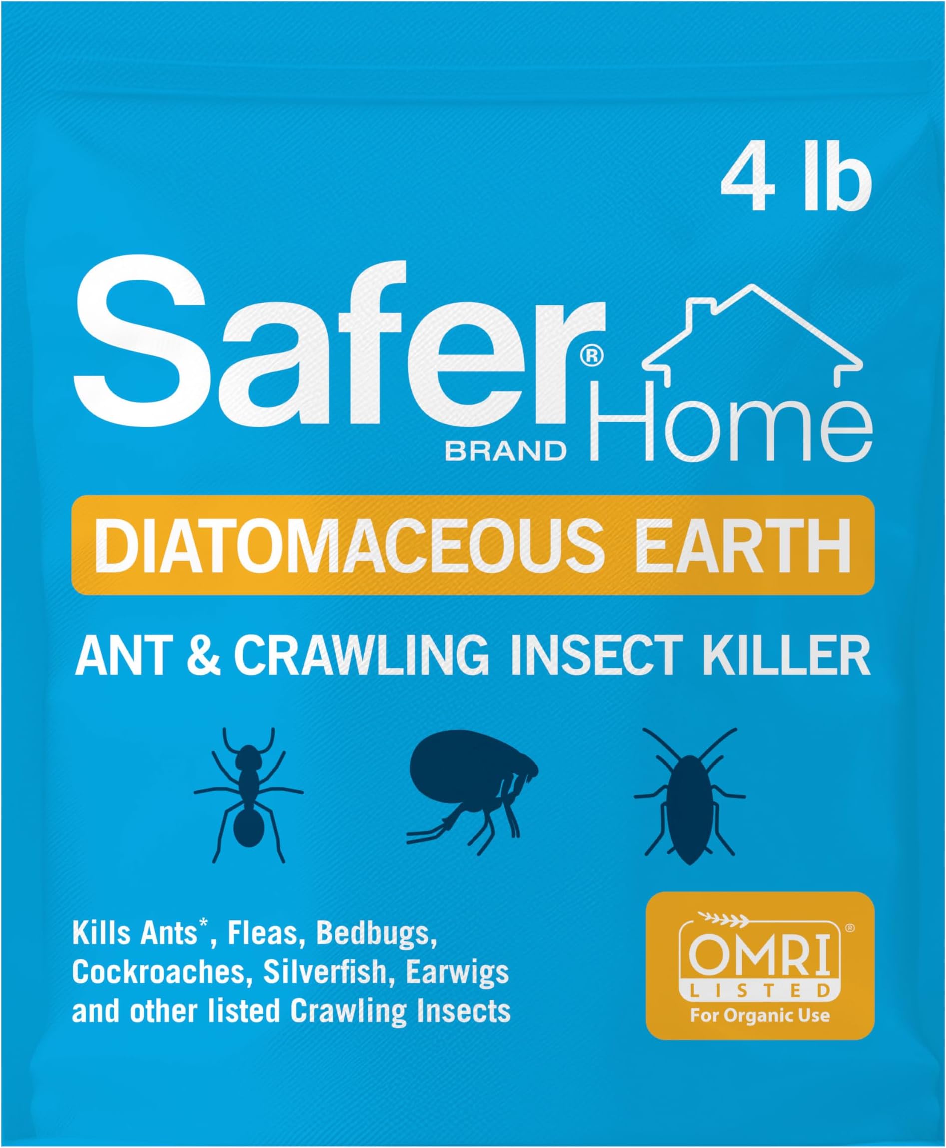 Safer Home Diatomaceous Earth 4 lb Organic OMRI DE - Cockroach Killer Indoor Home, Bed Bug Killer, Kills Fleas, Ants, Silverfish, Earwigs & Crawling Insects