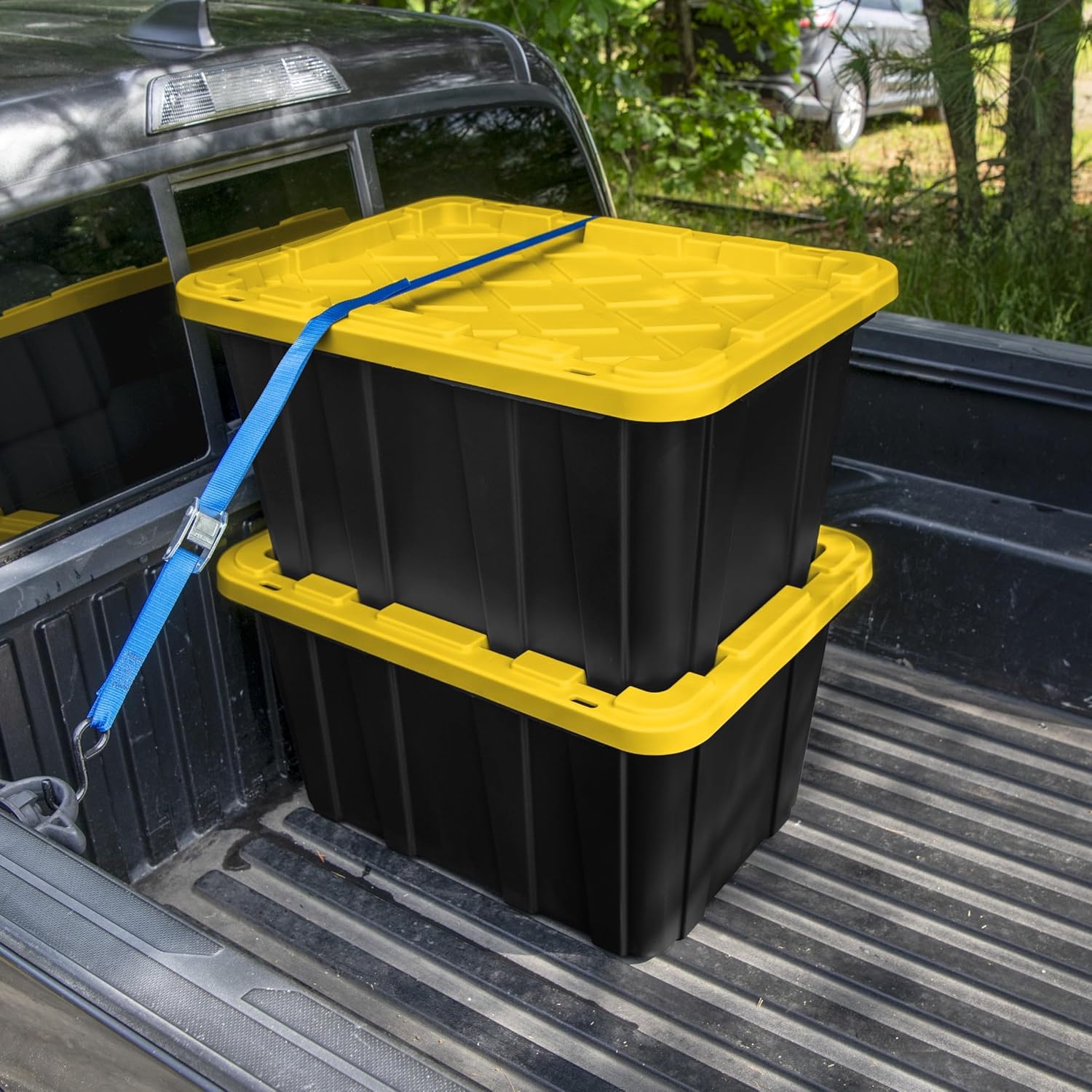 27 Gallon Industrial Storage Tote with Snap-On Lid, Black and Yellow, Durable Plastic, 6 Pack, 28.5x19.6x15.5 Inches
