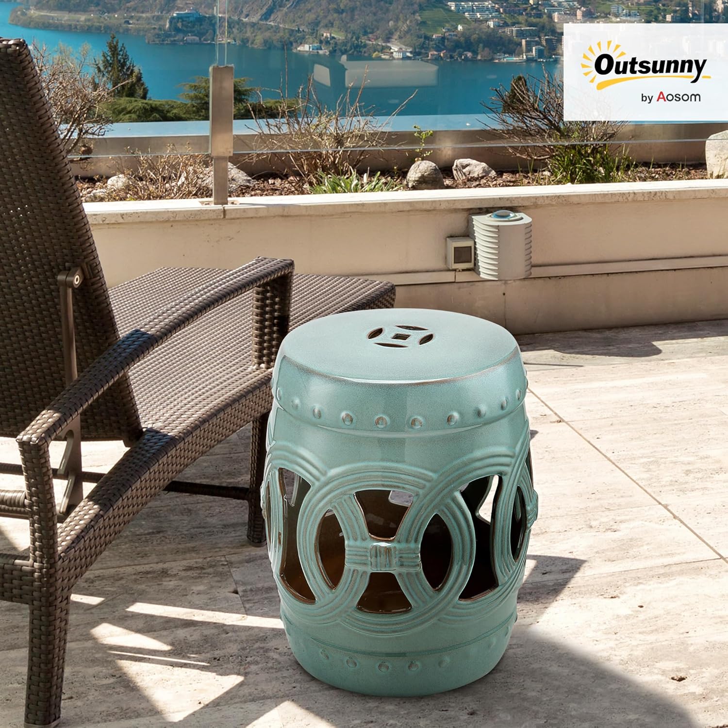 Outsunny 14" x 17" Ceramic Garden Stool with Double-Coin Knotted Ring Design & Strong Glazed Material, Decorative Outdoor Stool, Home Collection, Antique Blue