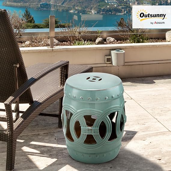 Outsunny 14 x 17 Ceramic Garden Stool Strong Glazed Material Antique Blue