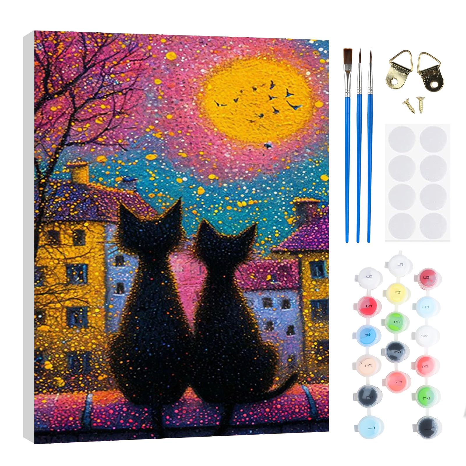 RICUVED Starry Sky Paint by Numbers for Adults Kids–Cat DIY Paint by Numbers Kits with Wooden Framed,Easy Oil Painting Acrylic Pigment Drawing Paintwork Canvas 20x30 cm Home Decor