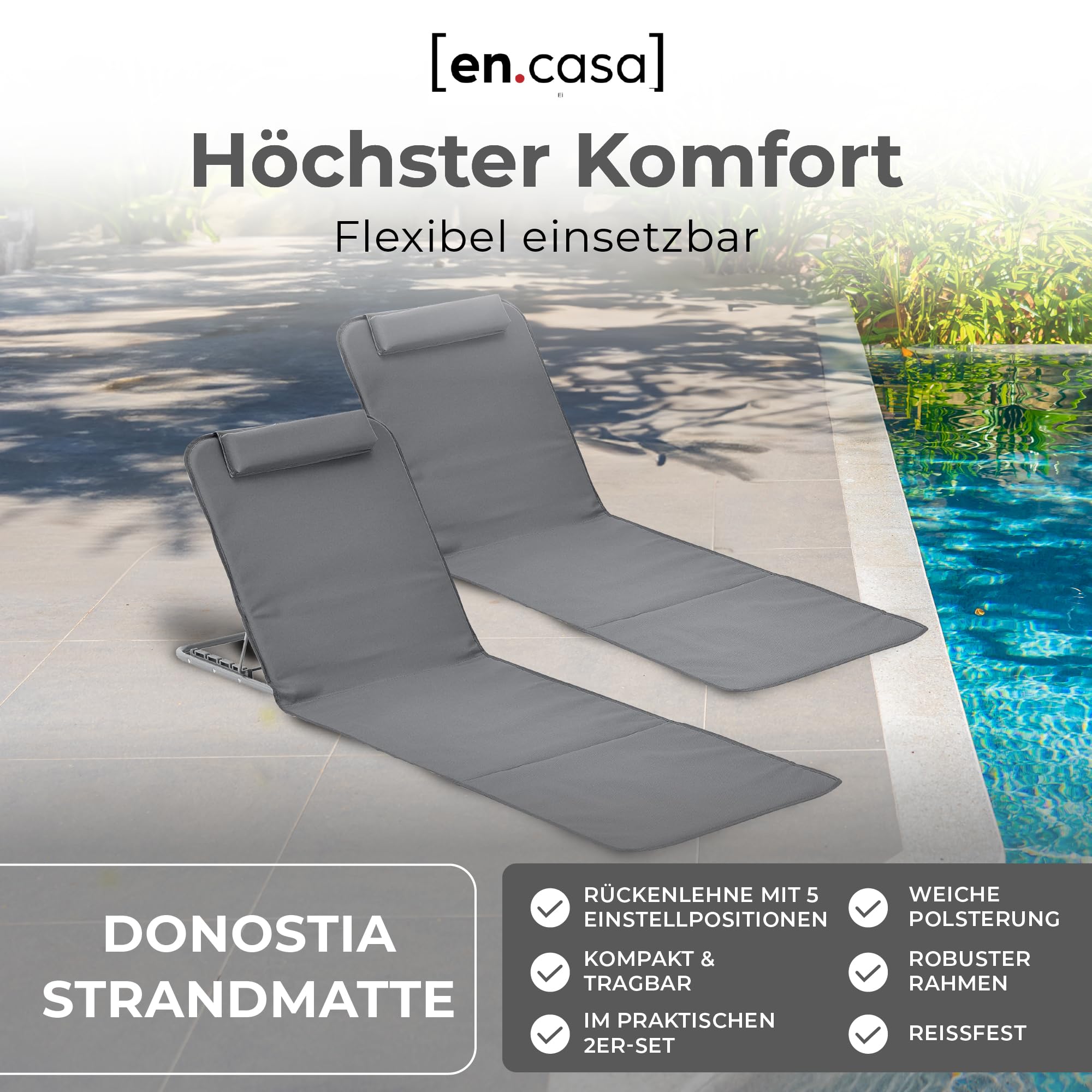 [en.casa] Strandmatte Donostia 2er Set Sonnenmatte klappbar Dunkelgrau Strandliege mit Verstellbarer Rückenlehne Liegematte mit Tragetasche 143 x 48 cm