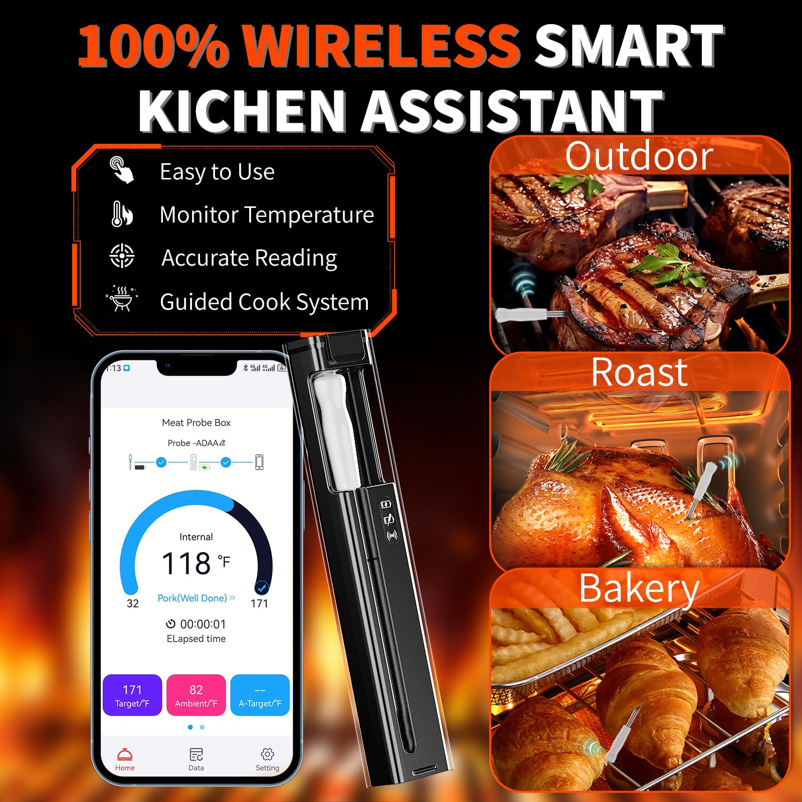 Digital Wireless Bluetooth Meat Thermometer, Smart Meat Probe for BBQ, Oven, Grill & Smoker - Perfect for Steak, Pork, and Turkey, iOS & Android App Compatible