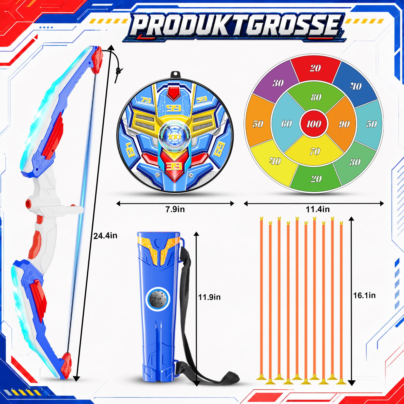 Led Licht Pfeil und Bogen Set mit Verstellbarer Bowstring für Kinder | ﻿ Bogenschießen Spielzeug mit 2 Zielscheibe 10 Saugnapfpfeile und Köcher Jardin Outdoor Spiele Geschenk für Jungen ab 3-12