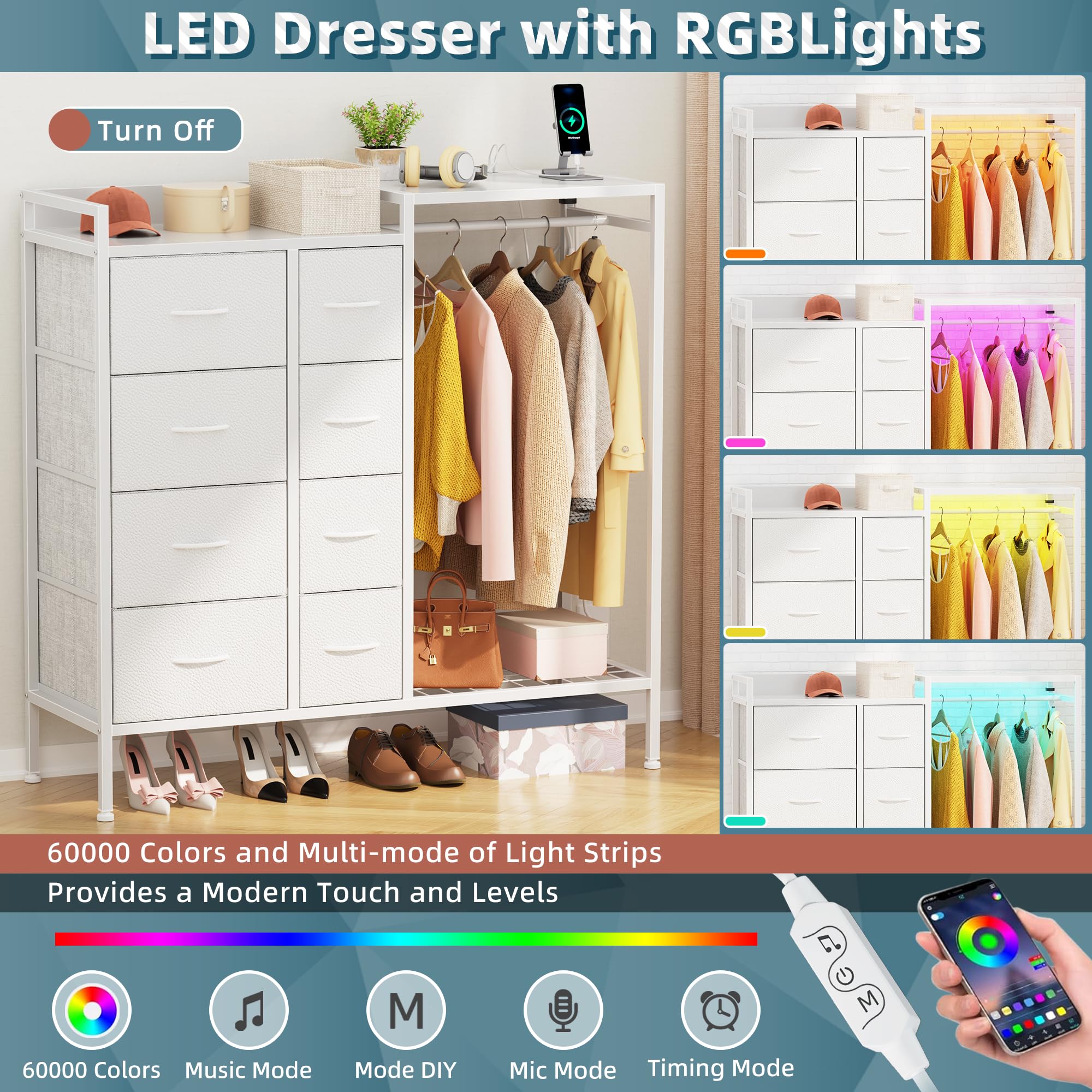 Cómoda de 8 cajones con estante para colgar, cómoda con estación de carga y luces LED, cómoda para niños con zapatero para almacenamiento de ropa, cómoda con parte superior de madera para 5