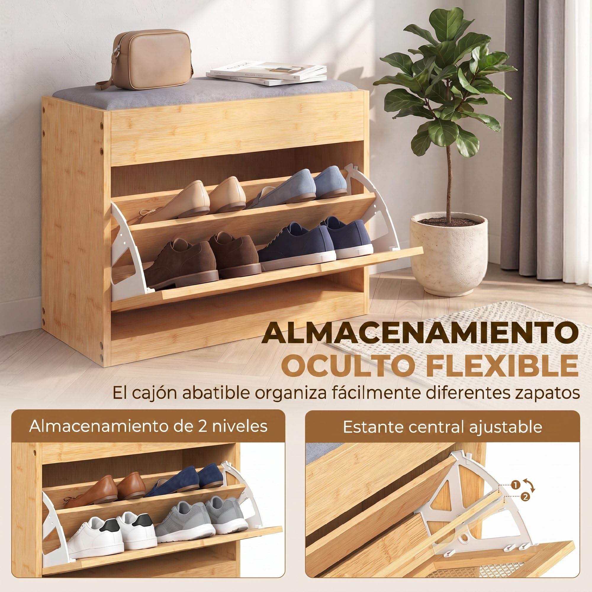 HOMCOM Banco Zapatero con Asiento Acolchado 63x29x48 cm Natural y Gris | Banco Recibidor, Cajón Abatible, Puerta de Ratán, Estante Ajustable, para Entrada, Pasillo, Salón