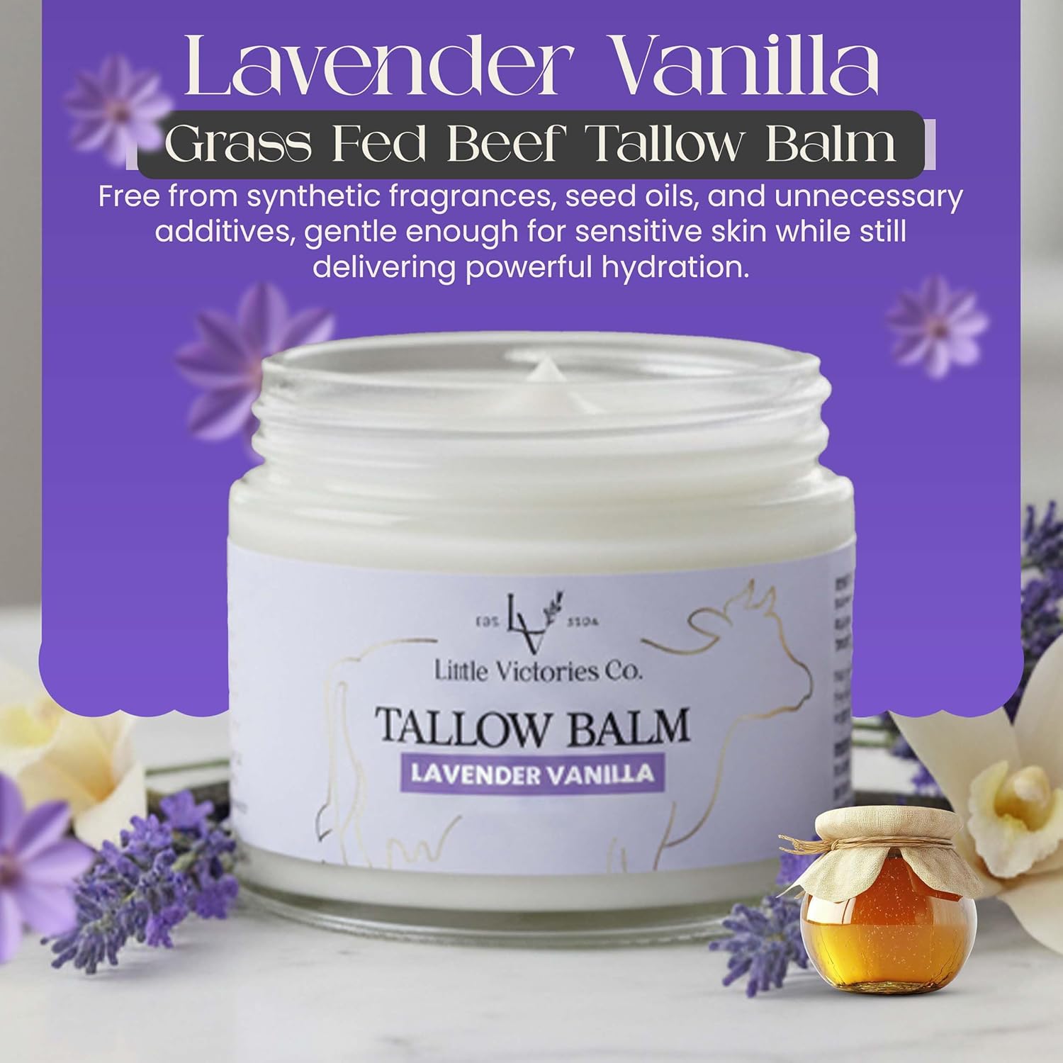 2.0 floz Grass Fed Beef Tallow and Honey balm - Lavender Vanilla Organic Beef Tallow for Skin is Ideal for Eczema, Stretch Marks, Psoriasis, Itching - Beef Tallow honey balm or Face & Body Moisturizer - Image 3