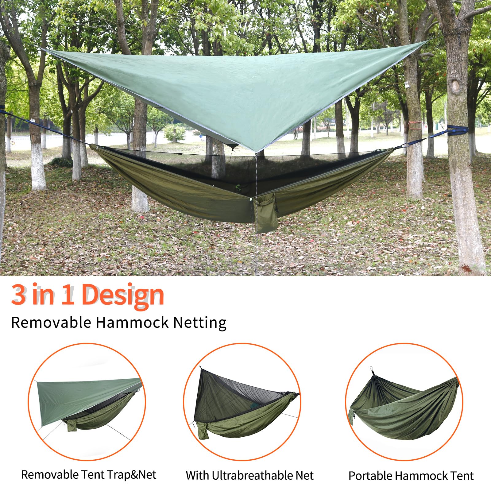 NewDoar Amaca da campeggio con zanzariera e telo antipioggia, amaca singola portatile in nylon per paracadute, con cinghie per alberi, altalena per esterni, zaino in spalla, escursioni in giardino