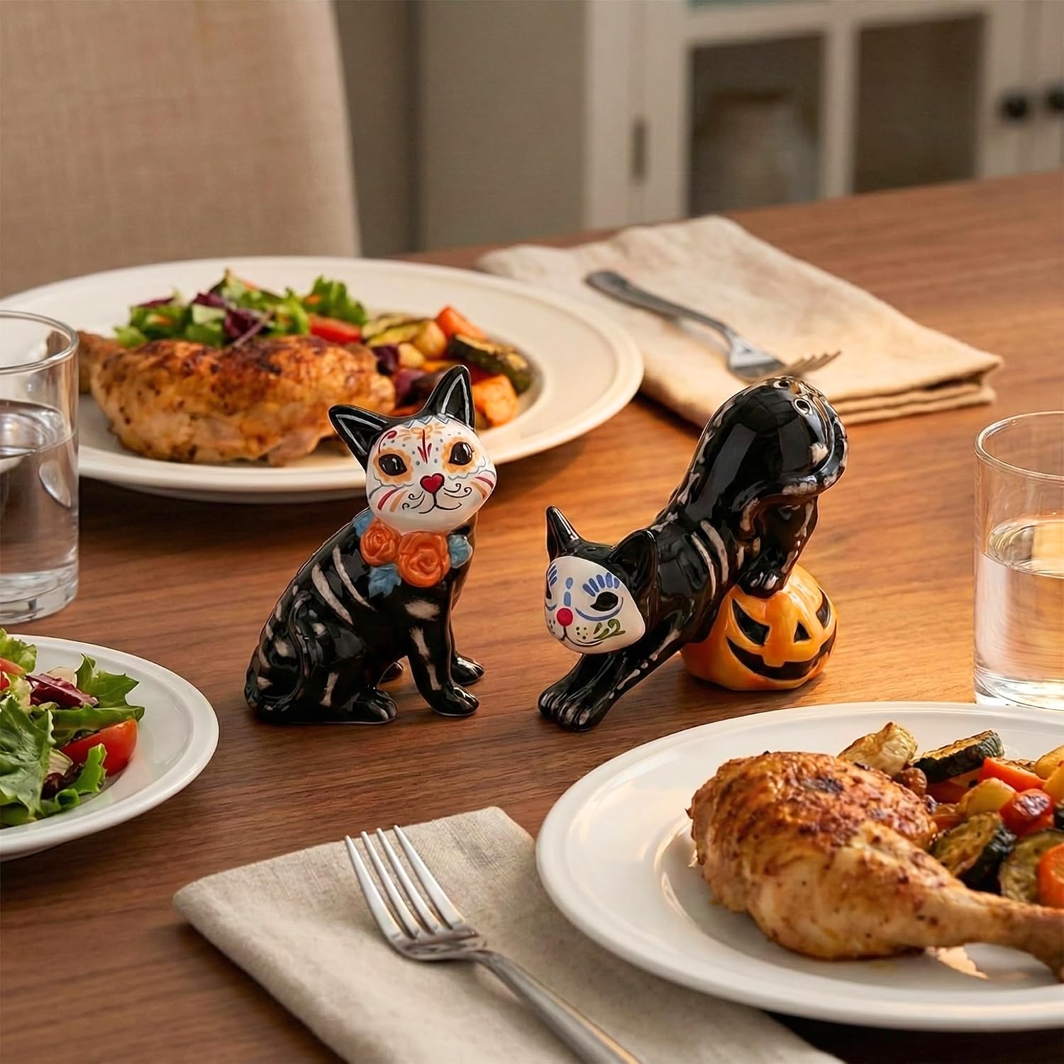 Blue Sky Clayworks Cat Salt & Pepper Shaker Set, Ceramic 3" H, Hand-Painted Whimsical Skeleton Cats with Pumpkin