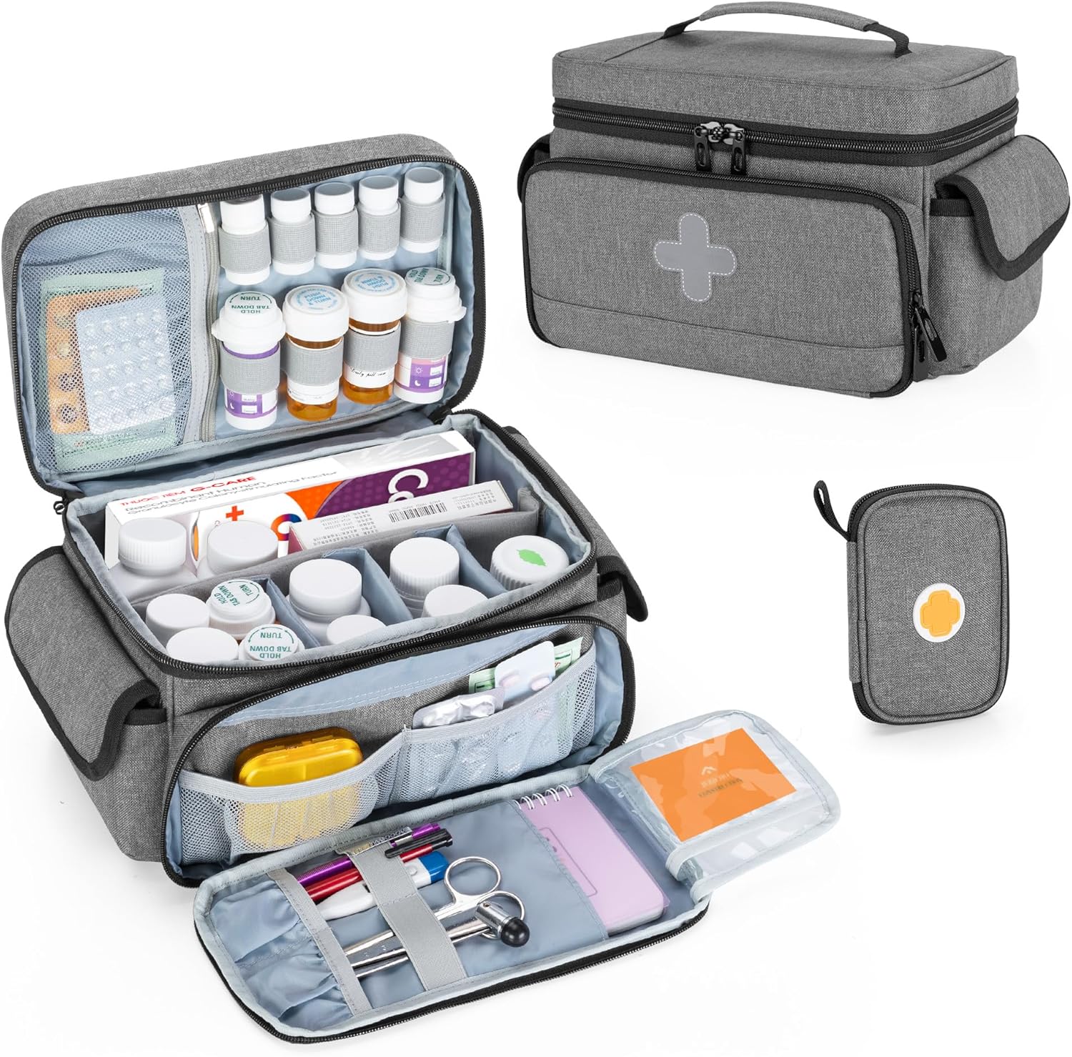 CURMIO Medicine Storage Bag Empty, Lockable Pill Bottle Organizer with Portable Zippered Pouches for First Aid Kits, Medicine Box for Home and Travel, Gray (Patent Pending)