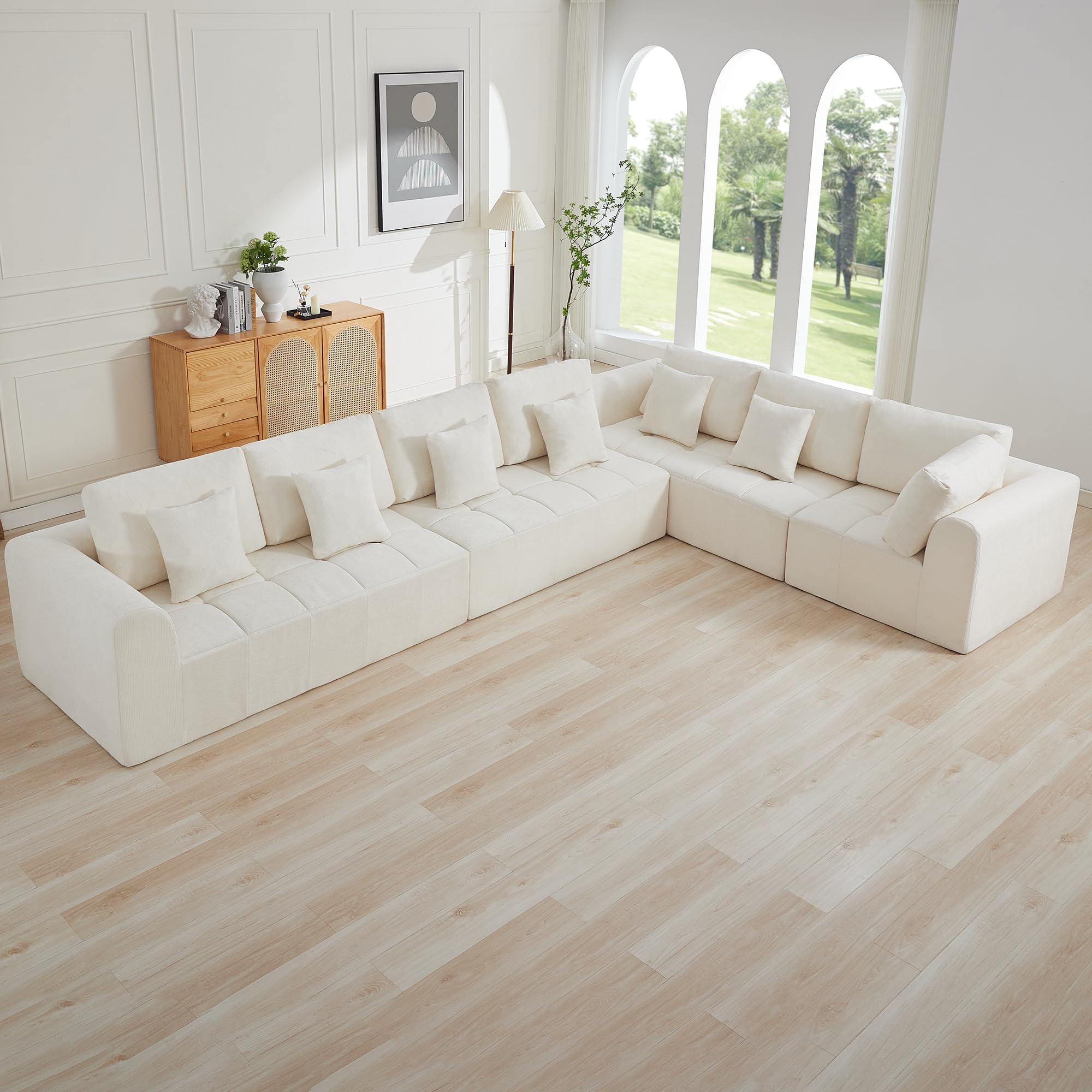 170''Modular Sectional Couches for Living Room, Cloud Boneless Compressed Sectional Sofa, Oversized L Shaped 7 Seater Upholstered Memory Foam Sofa, No Assembly, Chenille Beige