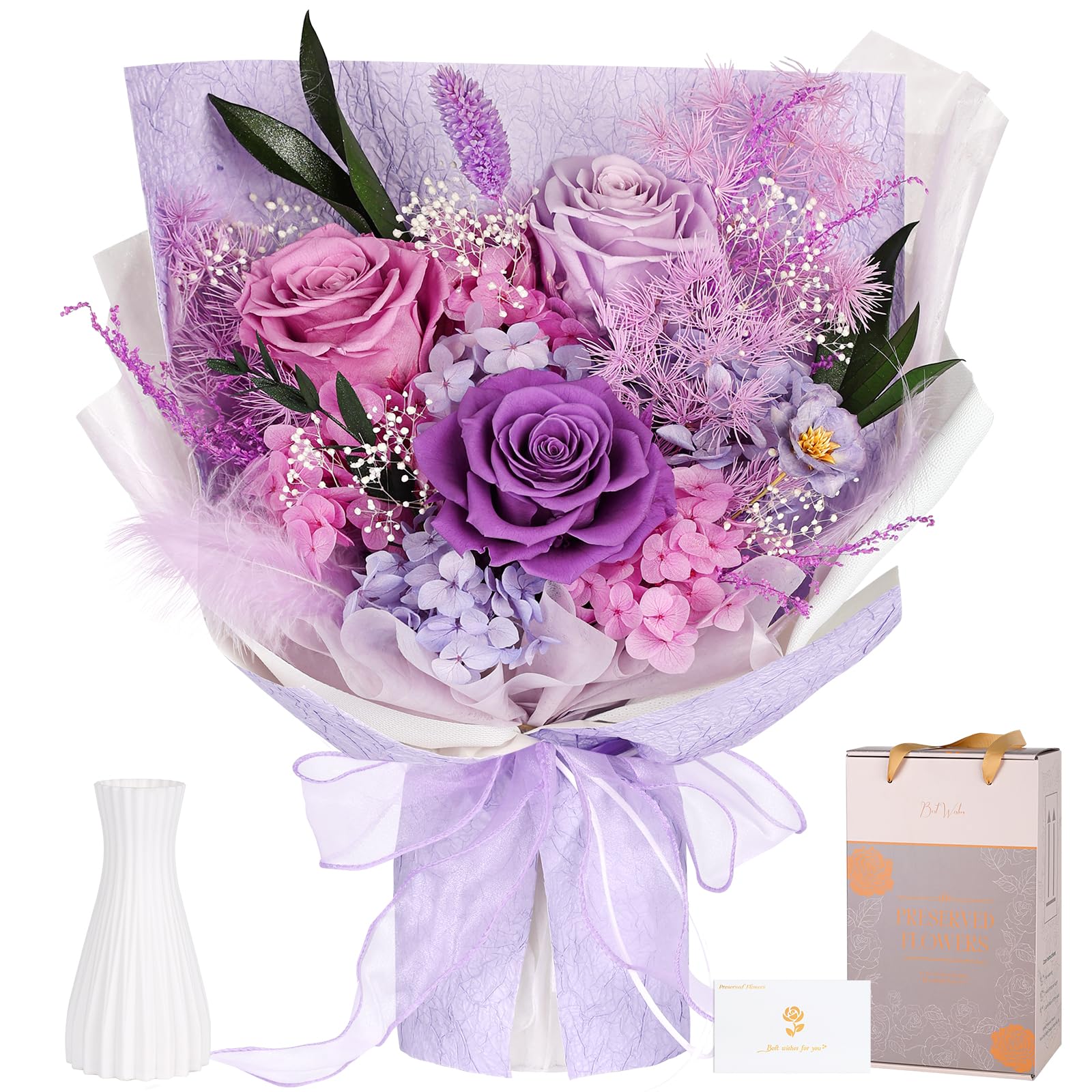 Konservierter Blumenstrauß, 3 Rosen & Blumen, lila Infinity Rosen, Geschenke für Frauen, Valentinstag, Muttertag, Jahrestag und Geburtstagsgeschenk für Freundin, Ehefrau, Mama
