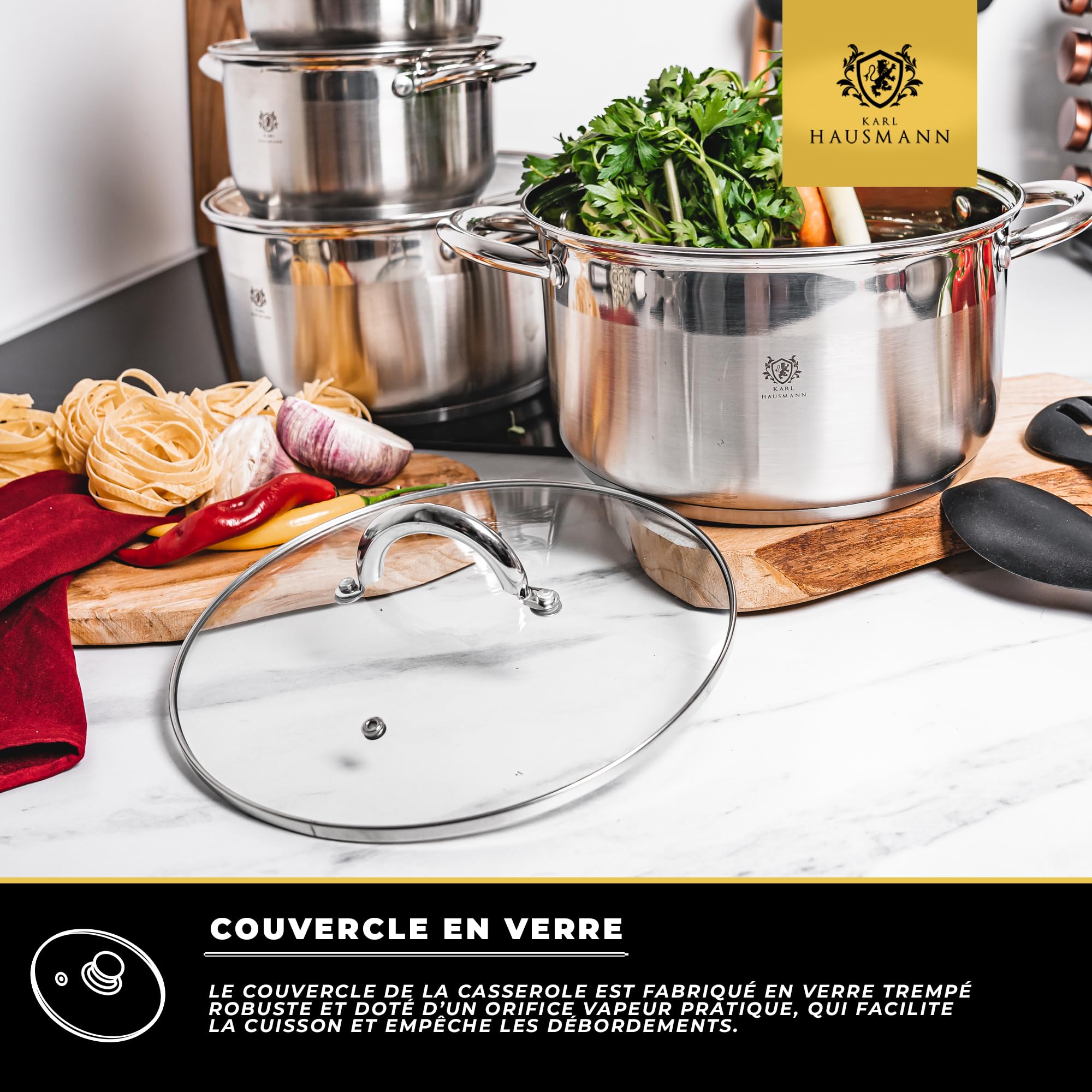 KARL HAUSMANN Faitout Inox 26 cm 6L avec Couvercle en Verre - Compatible Induction, Fond 3 Couches pour une Diffusion Uniforme de la Chaleur, avec Graduation Intérieure, Tous Feux