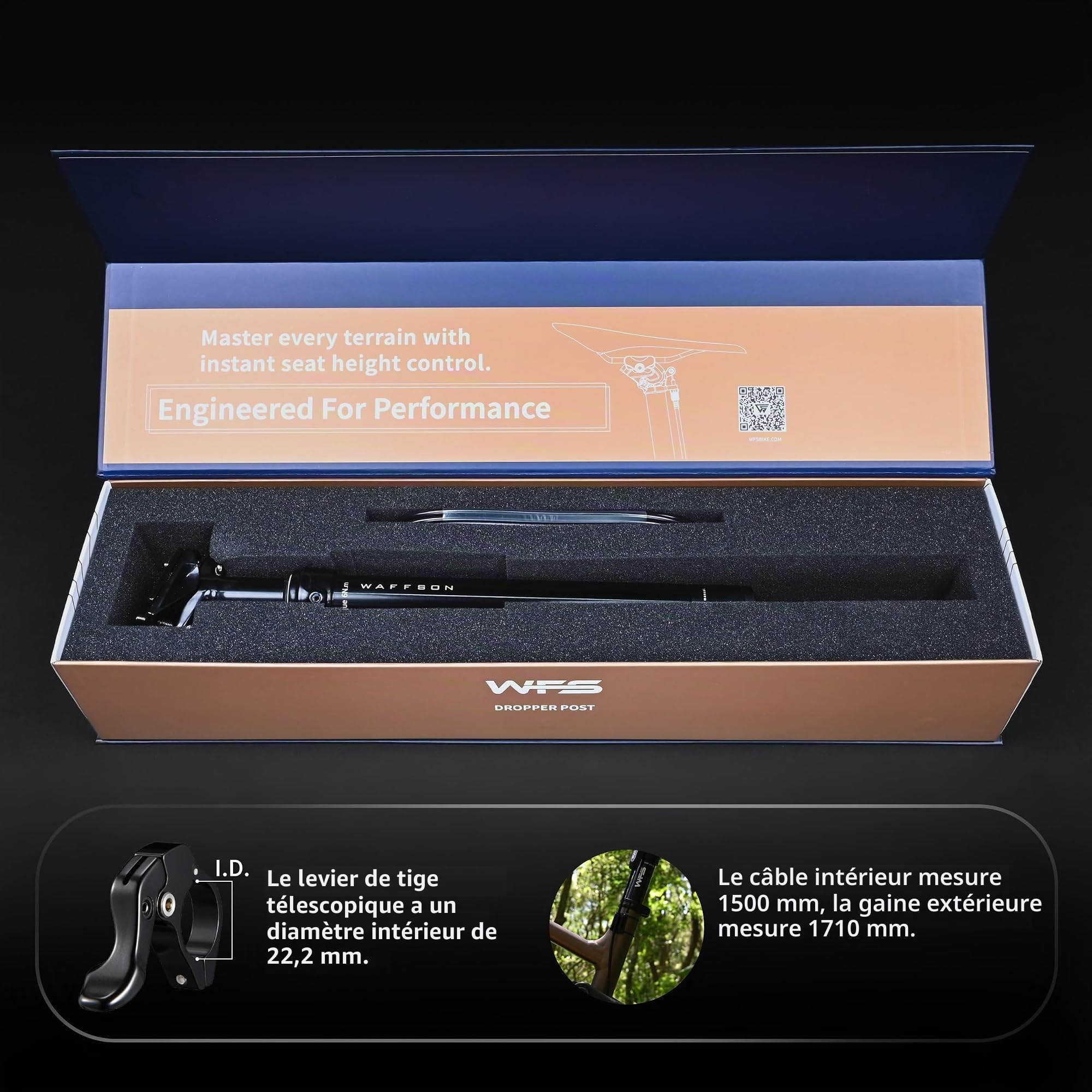 WFS Flex Tige de Selle Compte-Gouttes Externe pour VTT - 27.2mm Diamètre, 110mm Travel, 395mm Longueur, Noir, Comprend Levier et Câble Télécommande