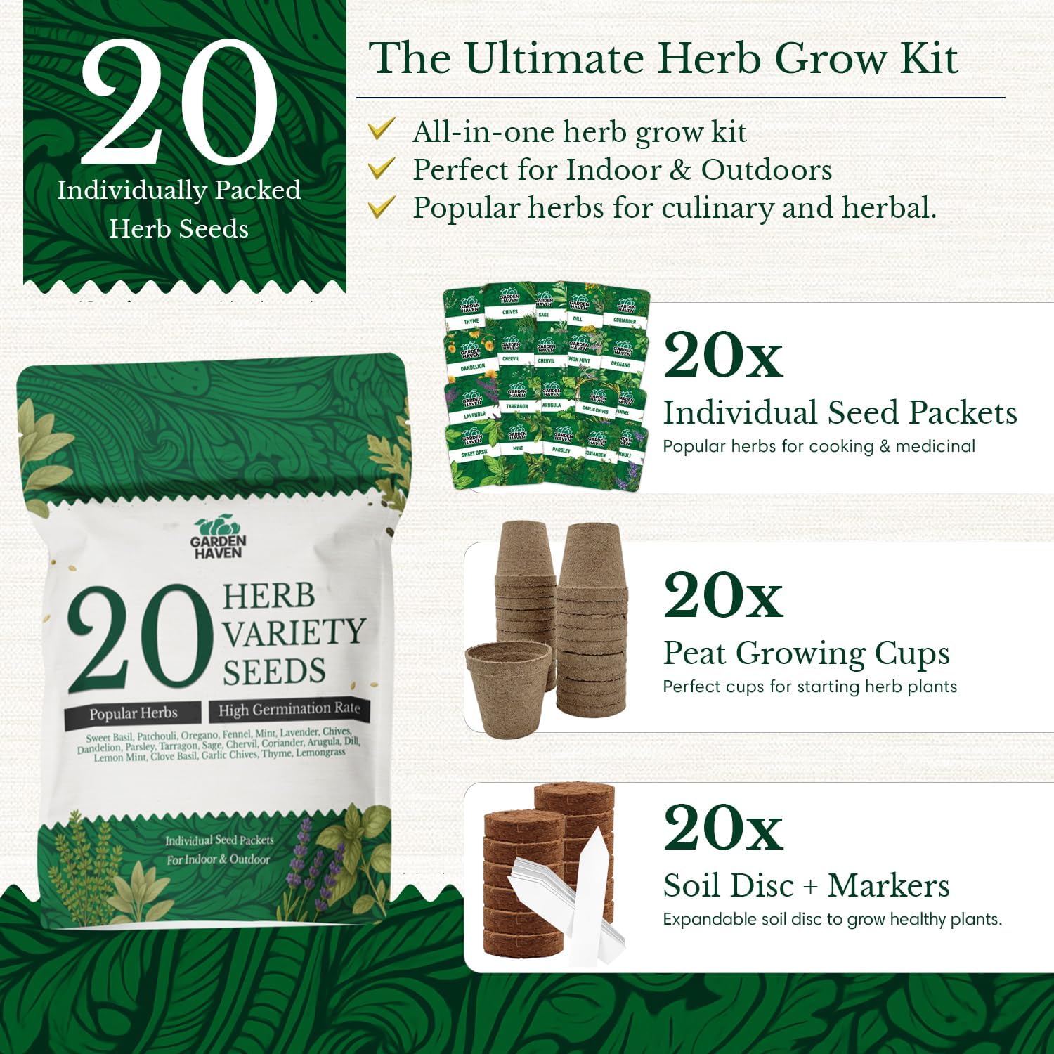 20 HERB Seeds Variety Pack - Complete Grow Kit Culinary Herbs Indoor Outdoors Herb Seeds, Basil, Oregano, Mint, Thyme & More Individually Seed Packets Starter Kit (Complete Starter Kit w/Seeds)