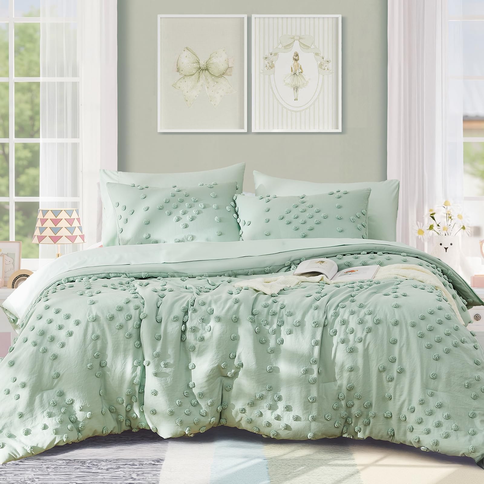 Geniospin Sage Green Full Comforter Set for Girls- 7 Pieces Pom Tufted Bed in A Bag Twin Bedding Sets with Sheets, Pillowcases & Shams, All Season