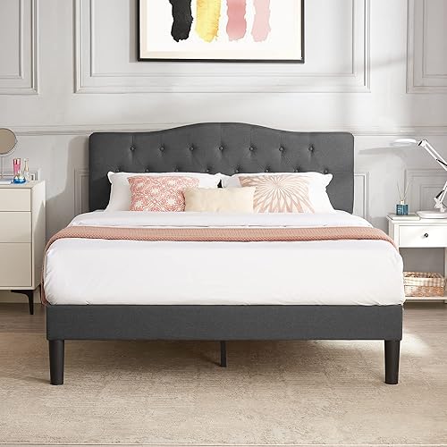 Miniatura 11 de VECELO Base de cama tamaño Queen tapizada con cabecera ajustable copetuda/base de colchón con soporte de listones de madera, fácil montaje, azul