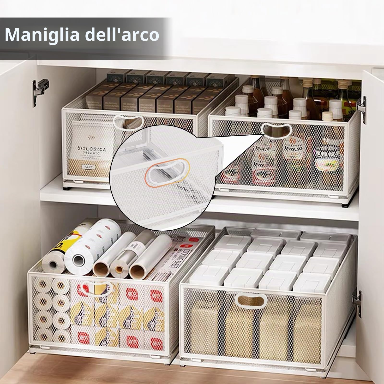 Cestello scorrevole per armadietto, organizer per cassetti, autoadesivo, per dispensa, resistente, in acciaio al carbonio, con maniglia, per bagno, cucina, casa