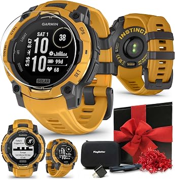 PlayBetter Garmin Instinct 3 Alpine Rush Solar Sunburst/Gray, 45 mm Outdoor GPS Smartwatch Gift Box Bundle - Built-in Flashlight, 24/7 Health & Wellness Screen Protectors, Wall Adapter & Case