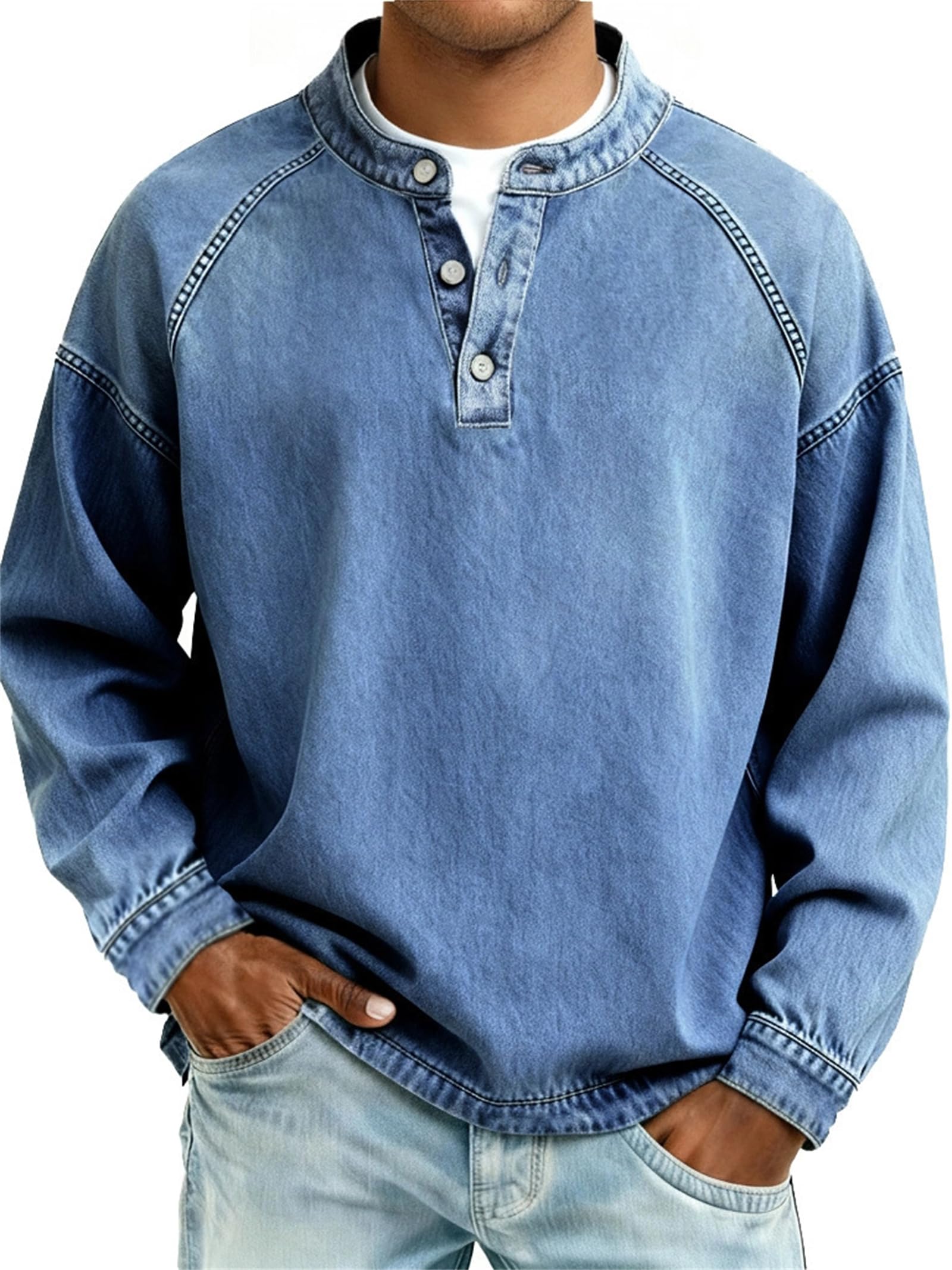 Camisa de color lavado con botones y cuello en V para hombre, color liso, casual, desgastada, lavada al ácido