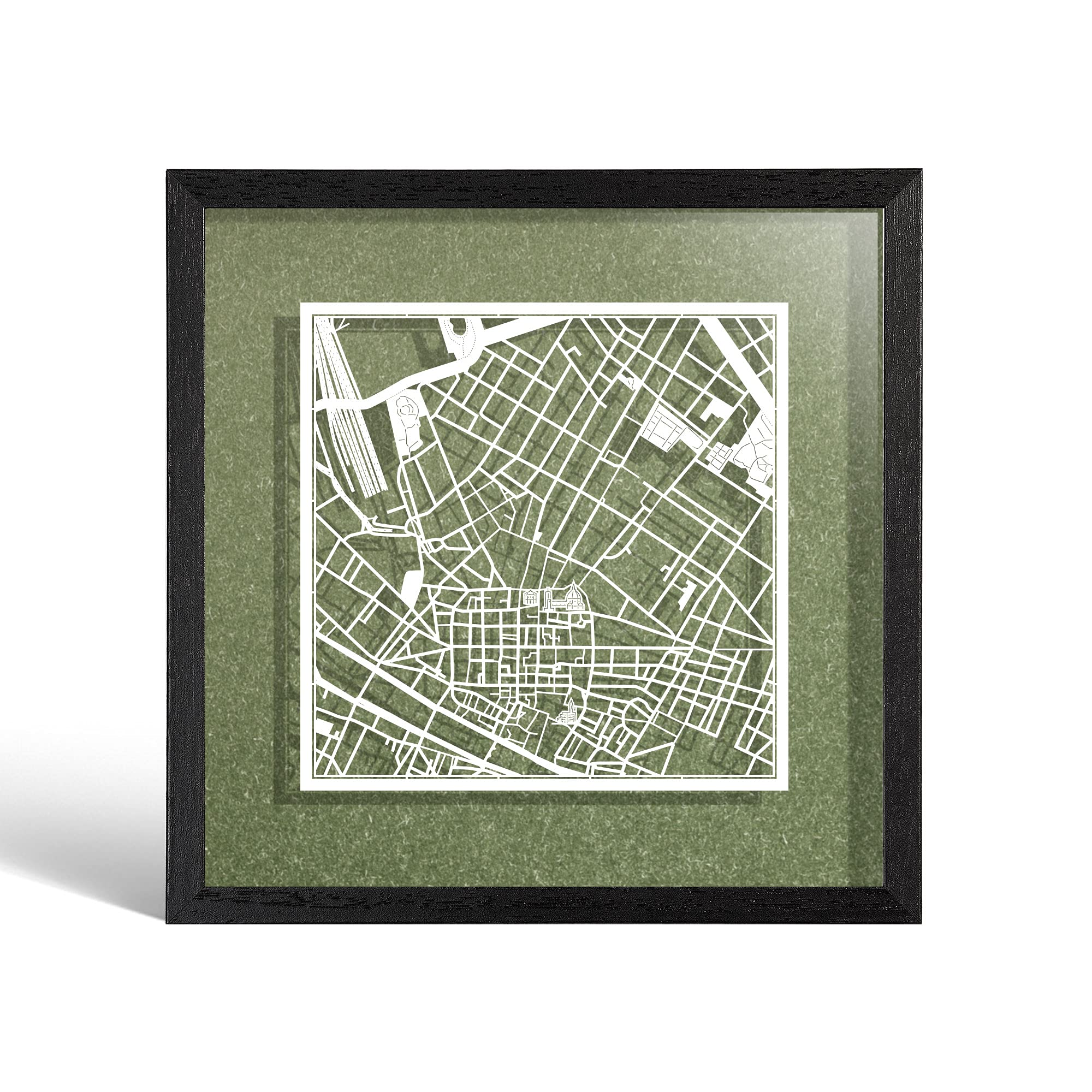 O3 DESIGN STUDIO Firenze Paper Cut Map framed, White map, Black frame, 23x23 cm, Gift Boxed, 4 background color, self-changing, Paper Art