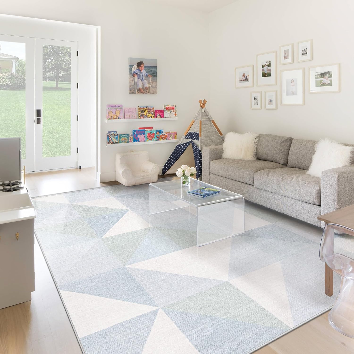 Washable Rug 8x10 Area Rugs: Modern Geometric Area Rug for Living Room Non-Slip Neutral Soft Carpet Low Pile Stain Resistant Indoor Rugs for Bedroom Nursery Dining Room Office (Light Blue, 8'X10')