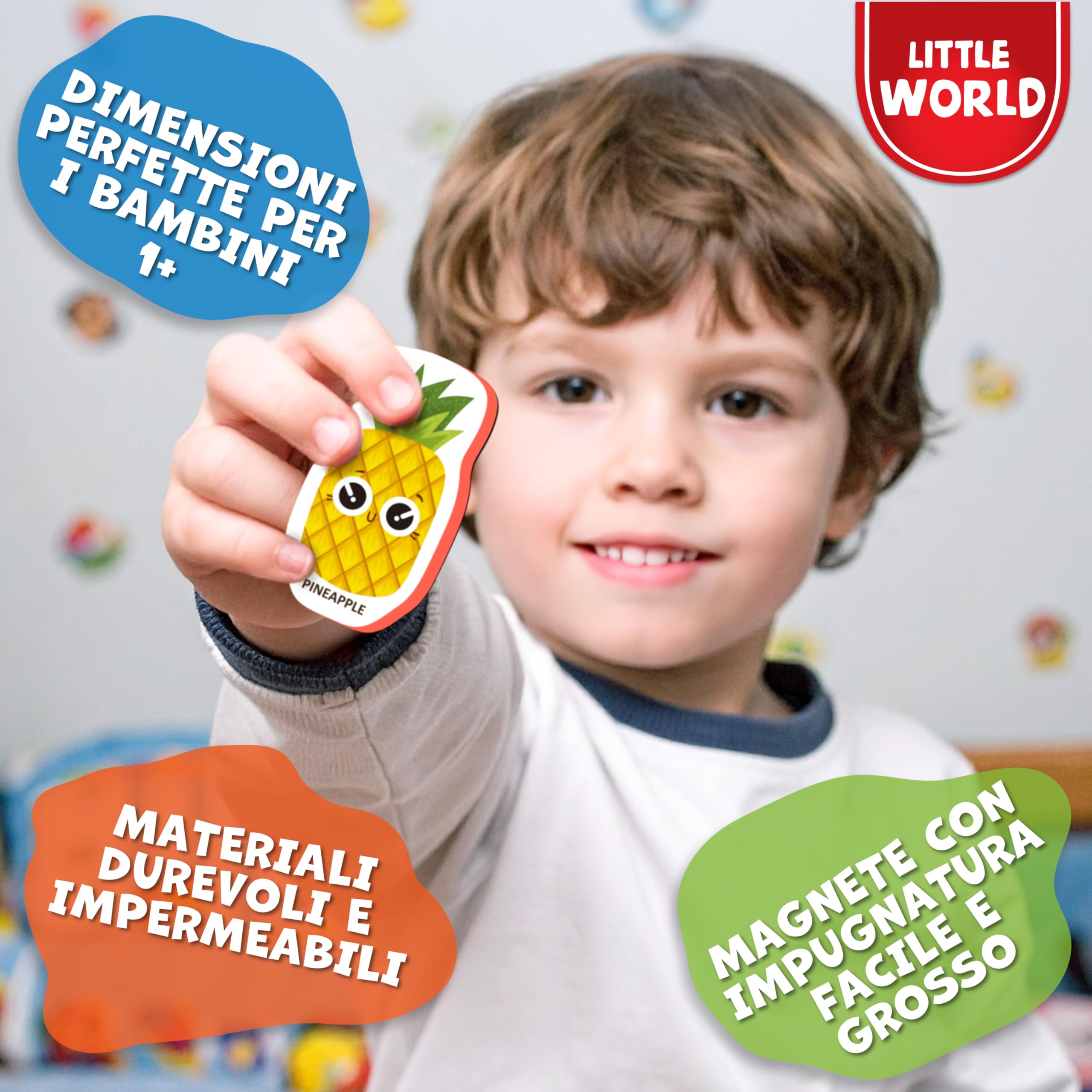 Little World 25 magneti da frigo per bambini da 1 a 3 anni, sicuri, durevoli, impermeabili, in schiuma, con scatola regalo colorata, magneti atossici per frutta e verdura, per bambini e neonati