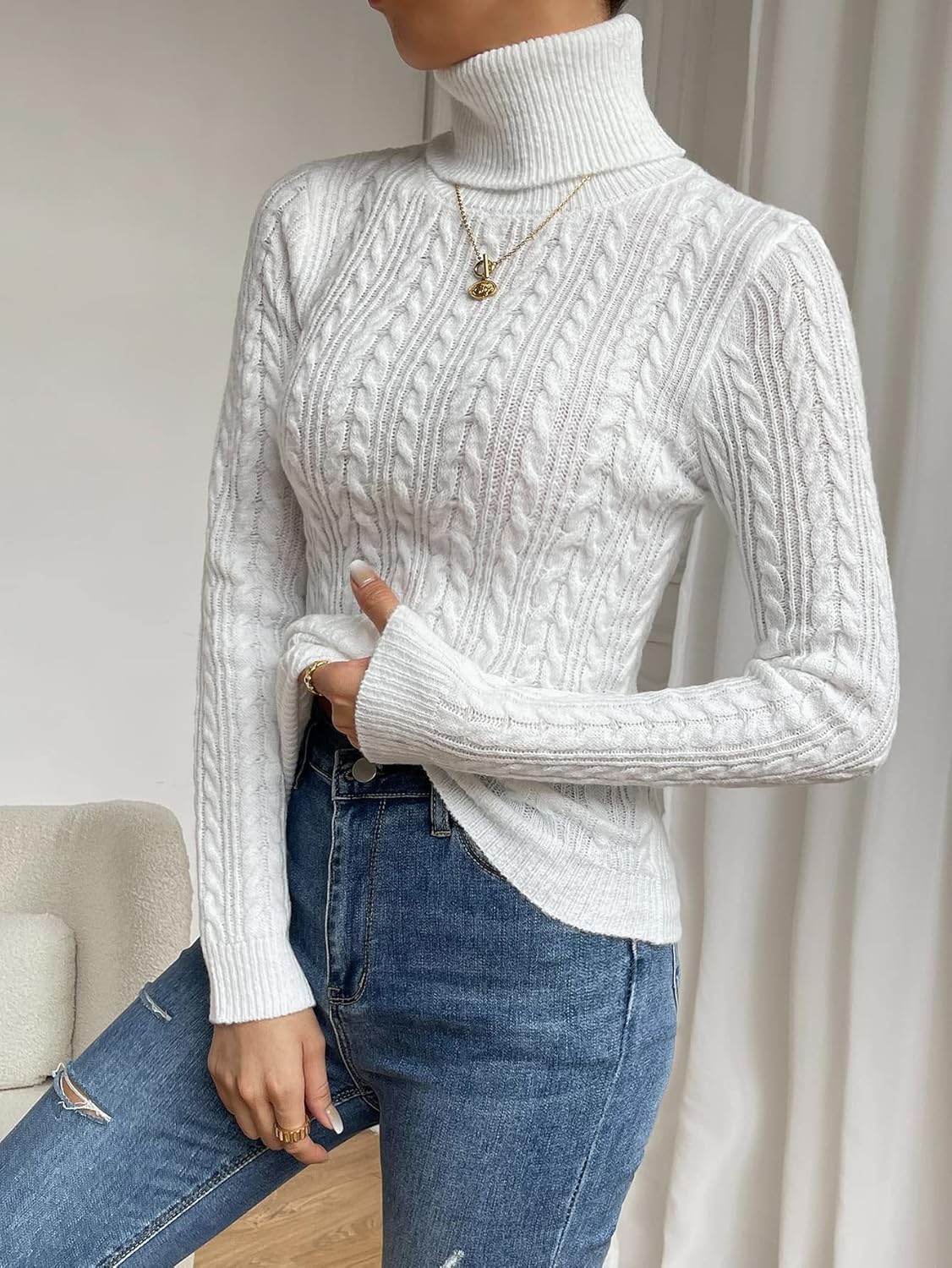 Women's Sweater Cable Knit Turtleneck Sweater Sweater for Women (Color : White, Size : Medium)