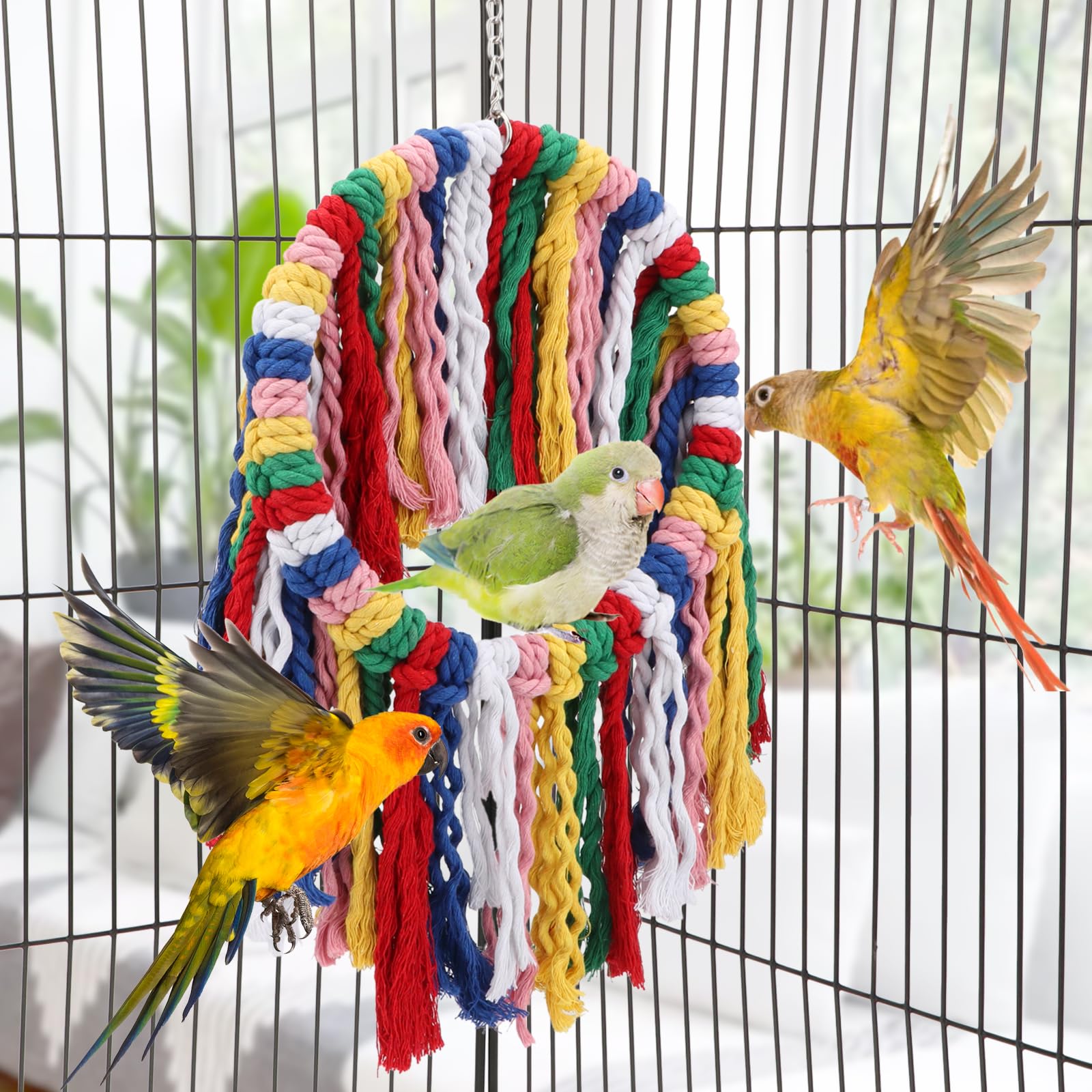 Wontee Bird Rope Chewing Toys Parrot Cage Bite Toys Colorful Hanging Ring Swing Perch for Cockatiel Conure Quaker African Grey Amazon Parrots