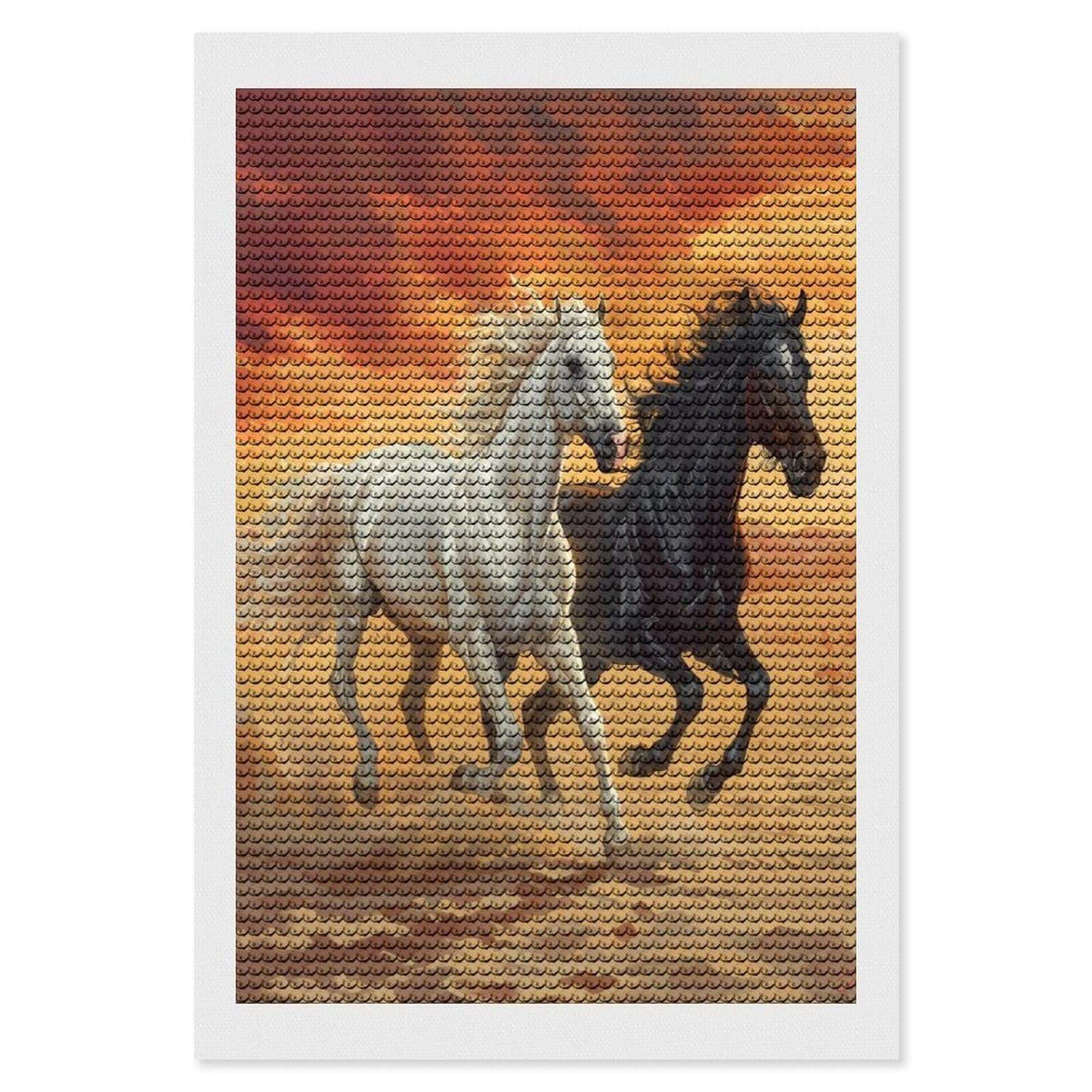 Nclqvjxzkhw Style Running White And Black Horses Diamond Art Painting For Adult Round Diamonds Pictures Arts Crafts Home Wall Decor 8"X12"