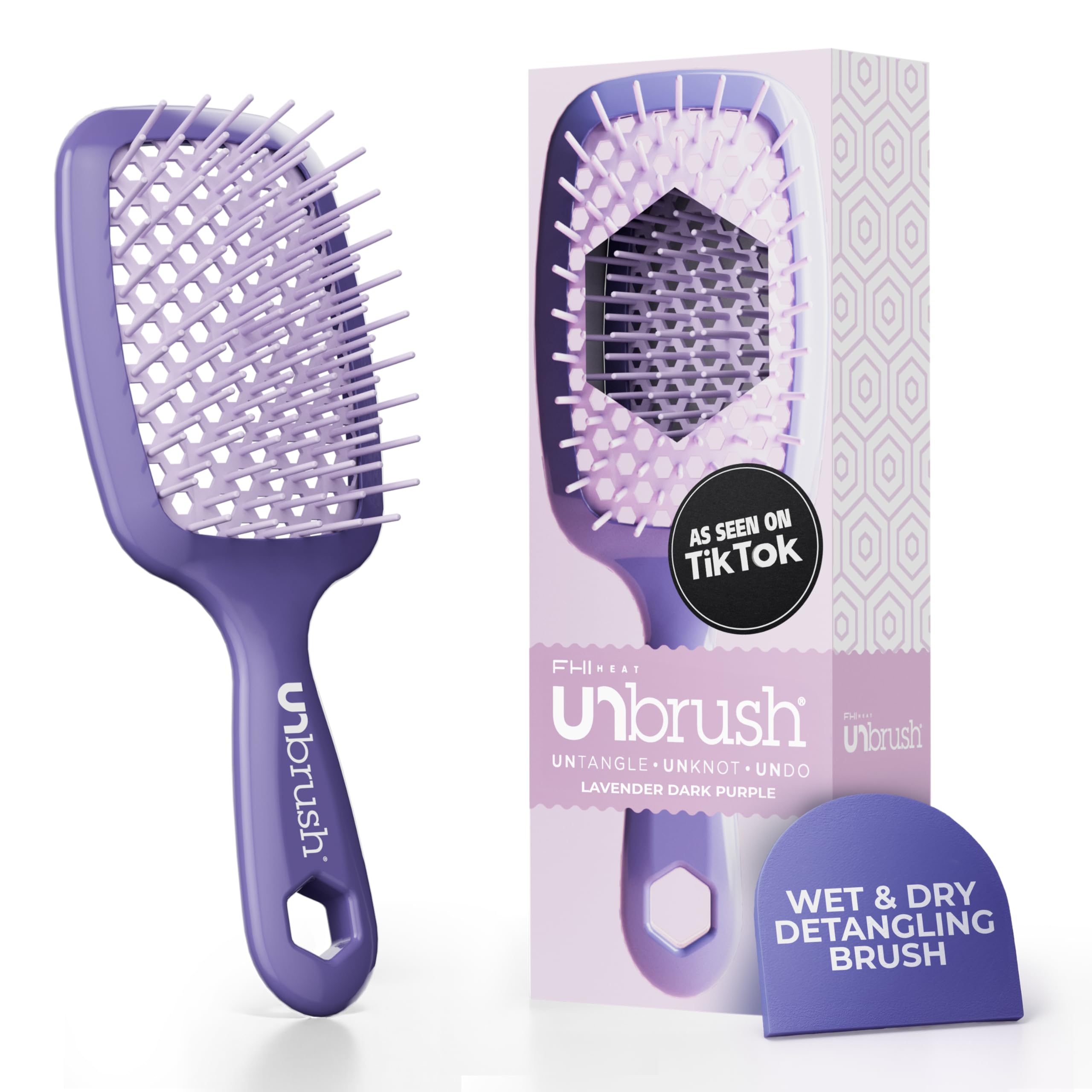 fhi heat unbrush detangling brush for pain-free brushing on all wet or dry hair types — durable duoflex anti-static bristles, lightweight handle, vented hair brush