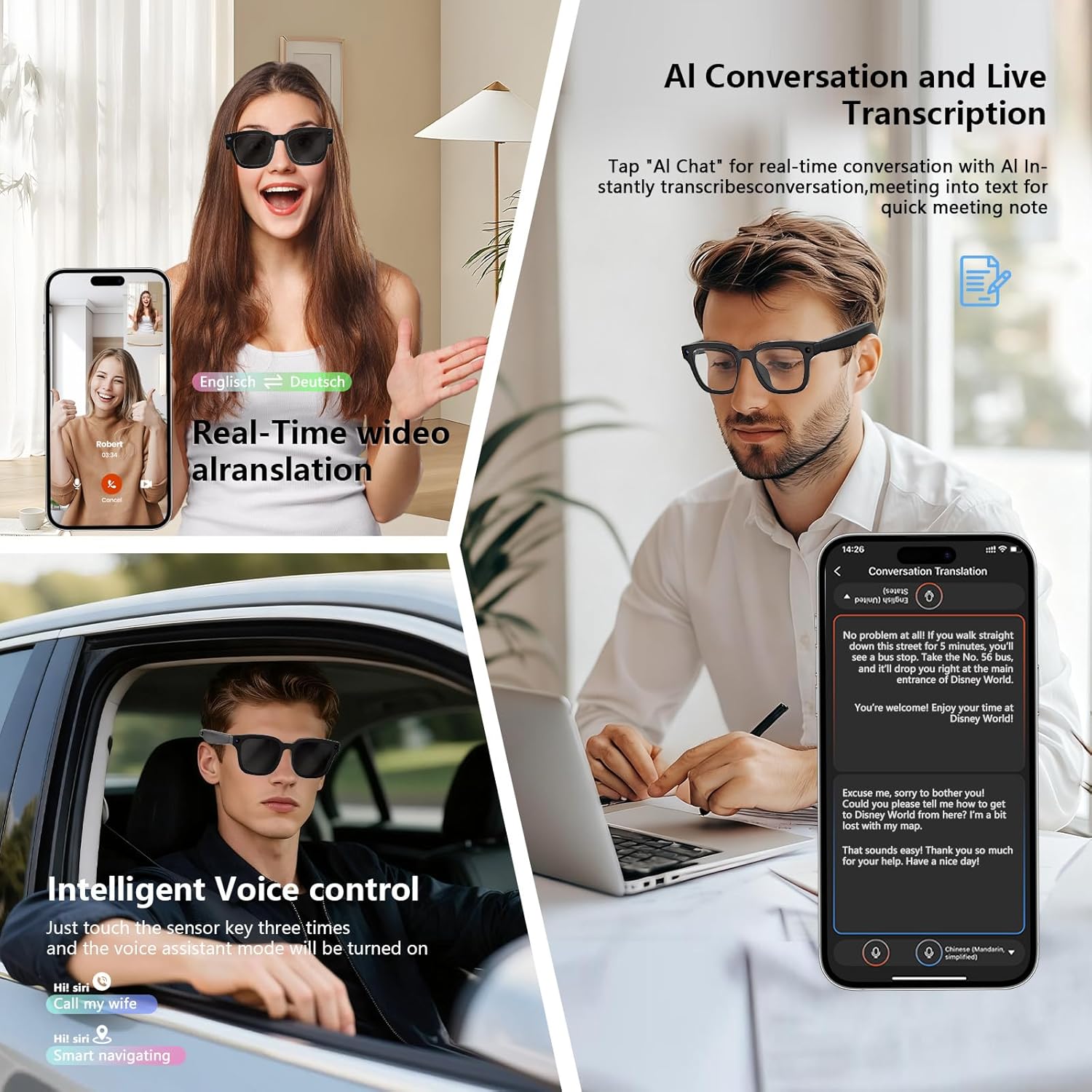 AI Smart Glasses with ChatGPT, 8MP Camera Glasses with Camera and Audio, AI Translation Sunglasses with 164 Languages, Bluetooth Sunglasses with Voice/Calling, 8-Hour Music, Photochromic Lens