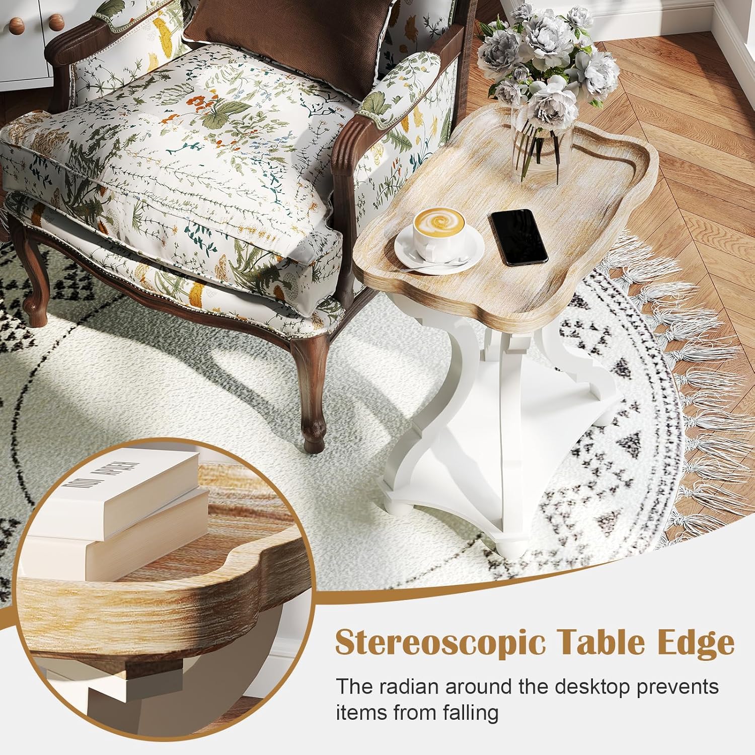 kinbor Farmhouse Side Table - Rustic End Table with an Open Shelf & Raised Edge, Accent Table with Distressed White Finish and Solid Wood Legs - Perfect for Living Room, Bedroom, Entryway, White