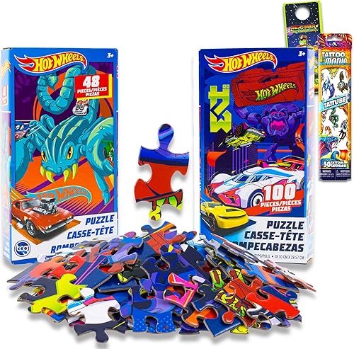 Miniatura 2 de Juego de rompecabezas de Hot Wheels - Paquete de 2 rompecabezas de Hot Wheels para niños con tatuajes temporales y más (juguetes de ruedas calientes)