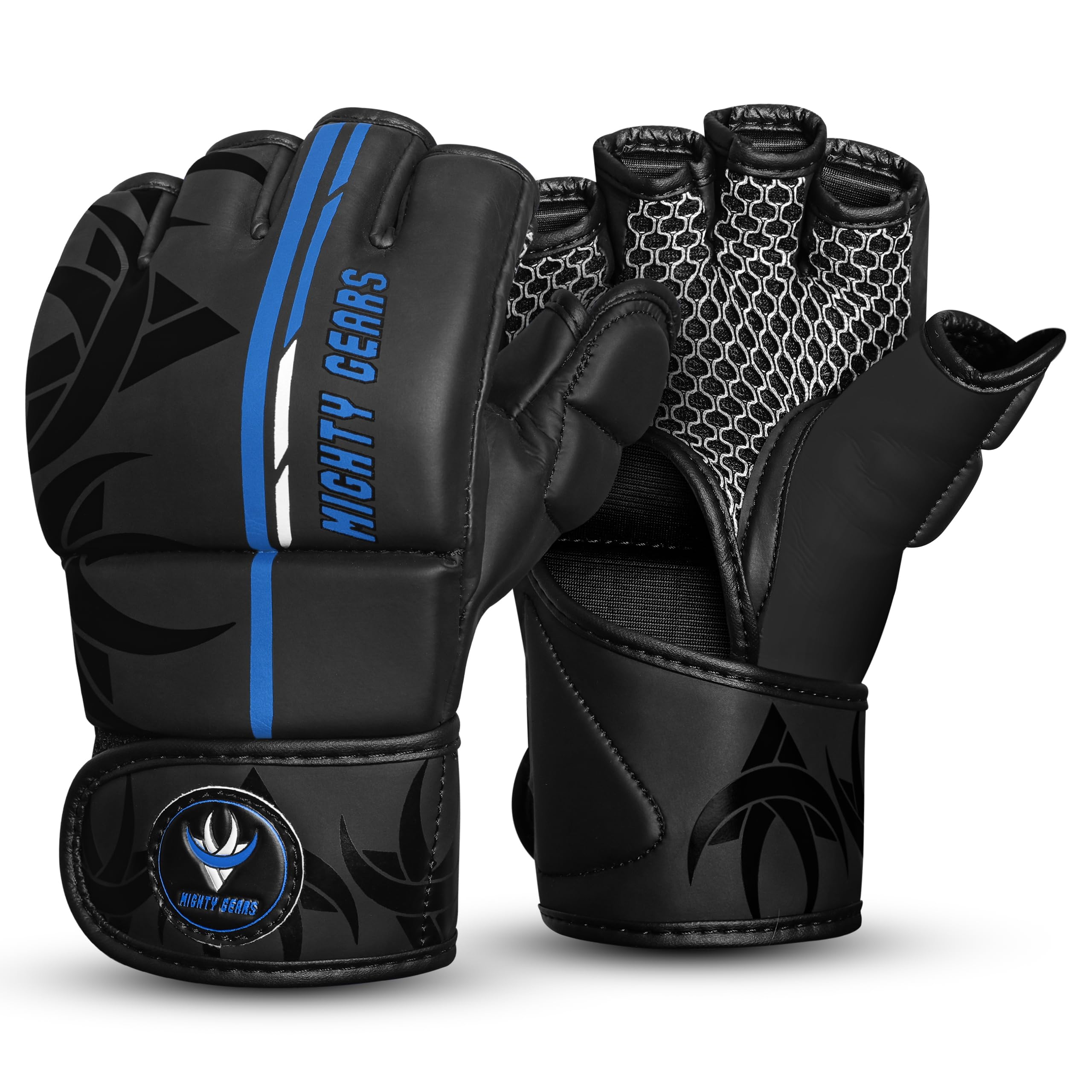 Mighty Gears Matte Black MMA Gloves Martial Arts Mitts Grappling Sparring Men Muay Thai Cage Fighting Boxing Combat Sports Women pink UFC Punching Bag Training (Blue, S)